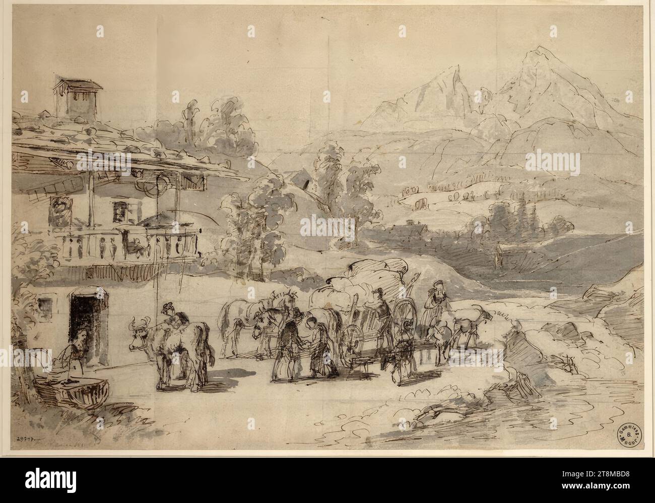 Brouillon pour une peinture de paysage : à gauche une cabane alpine, dans les montagnes de fond, à l'avant un groupe autour d'une calèche, Franz Reinhold (Vienne 1816 - 1893 Vienne), dessin, plume en brun, lavage gris, crayon, grille de transfert, selon Cahier : 29,5 x 42 cm, r.b. 'Collection, B., Moser', l.u. '29747 Banque D'Images