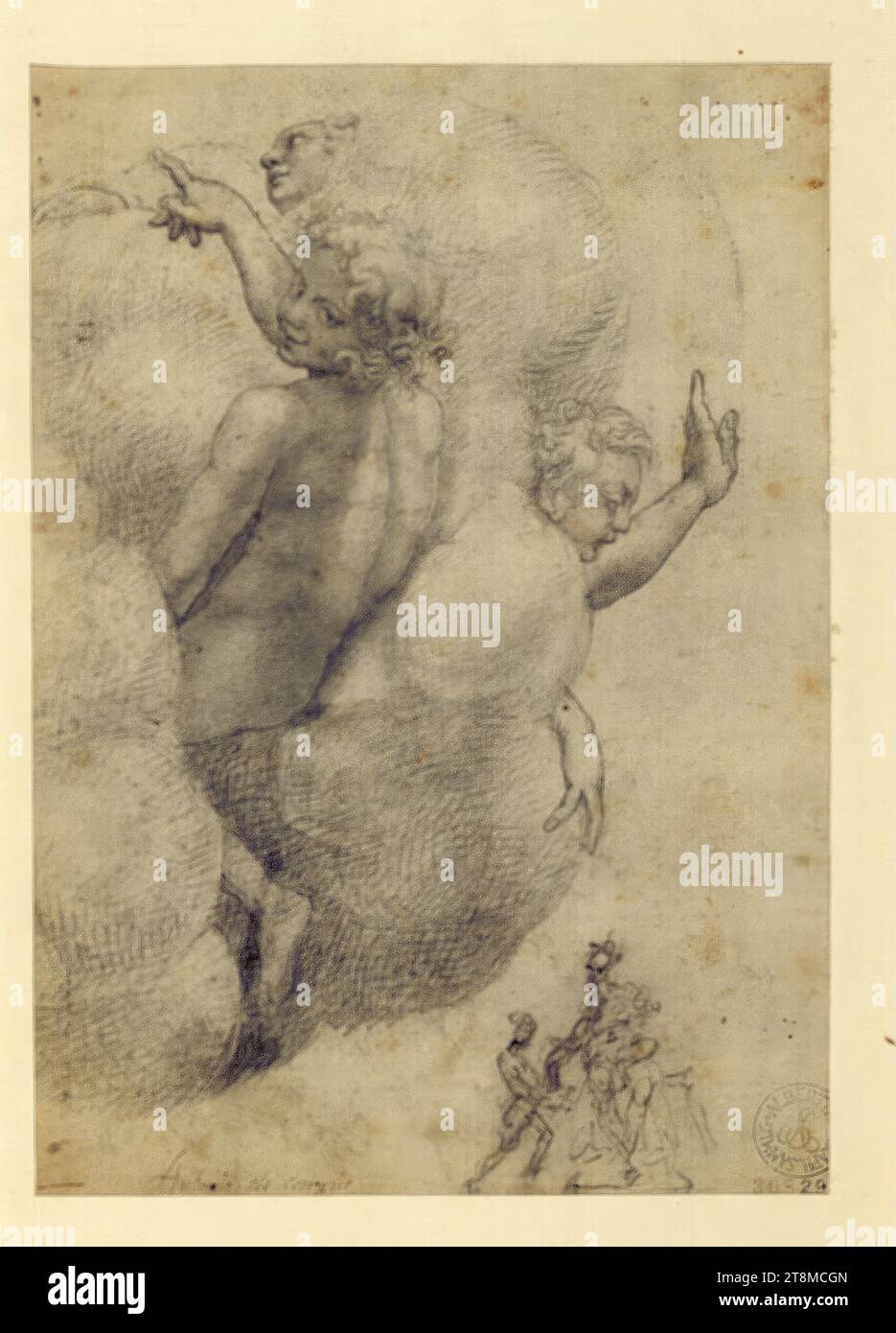 Trois Putti dans nuages ; scène non identifiée avec au moins trois figures, dessin, craie, 19,4 x 13,9 cm, r.l. Albertina., au verso dans le centre inférieur vieux stylo et inscription à l'encre 'Antonio da Corregio Banque D'Images