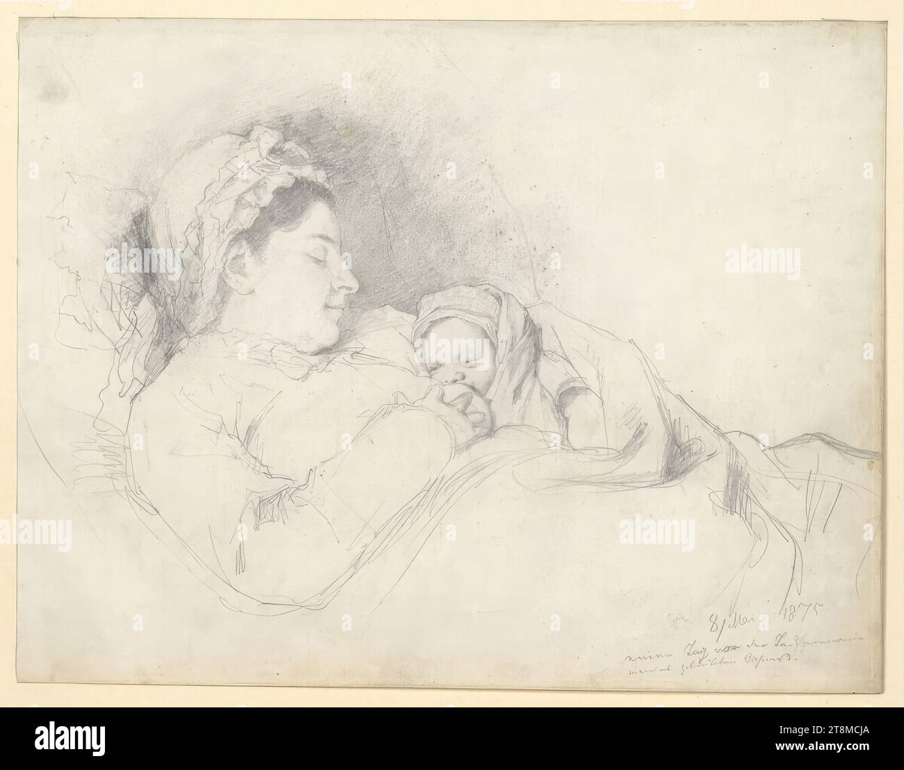 Mère allaitante, Leopold Horowitz (Rozgony 1838 - 1917 Vienne), 1875, dessin, crayon, essuyé, selon Cahier : 22,3 x 29 cm, r.r. '8/mai 1875, un jour avant la cérémonie de baptême, de mon fils bien-aimé Banque D'Images