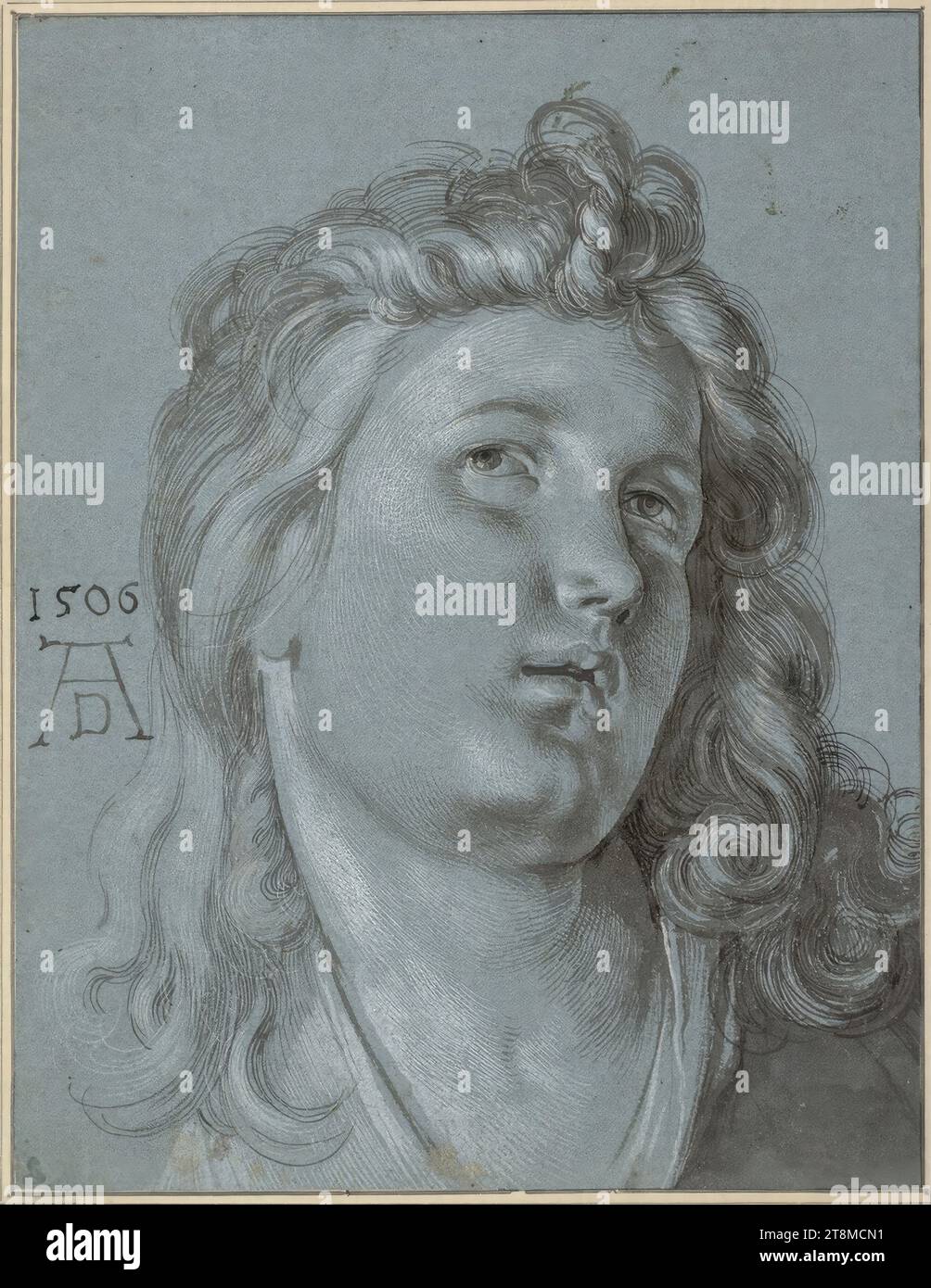 Tête de l'ange jouant du luth (détail de la 'Fête du Rosaire'), Albrecht Dürer (Nuremberg 1471 - 1528 Nuremberg), 1506, dessin, pinceau en gris et noir, lavage gris, rehaussé de blanc opaque, sur papier bleu, 27 x 20,8 cm, l.b. Duc Albert de Saxe-Teschen Banque D'Images