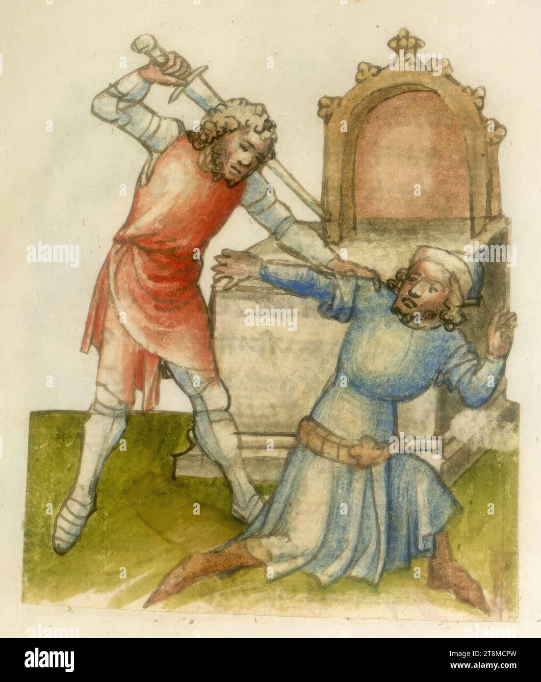 Chevalier tue les Juifs devant l'autel, bible historique, anonyme, 1420 - 1430, dessin, dessin au crayon de couleur Banque D'Images