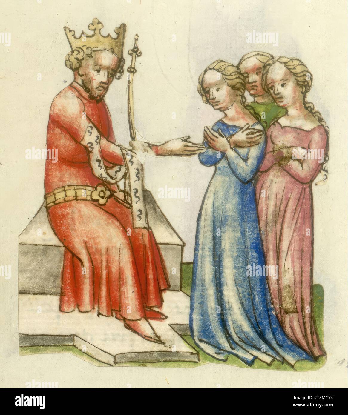 Trois femmes devant un roi, Histoire Bible, Anonyme, 1420 - 1430, dessin, dessin au crayon de couleur Banque D'Images