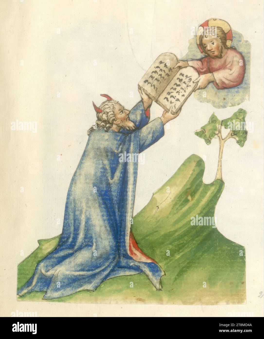 Moïse recevant les tablettes de la Loi, Bible historique, anonyme, 1420 - 1430, dessin, dessin au crayon de couleur Banque D'Images