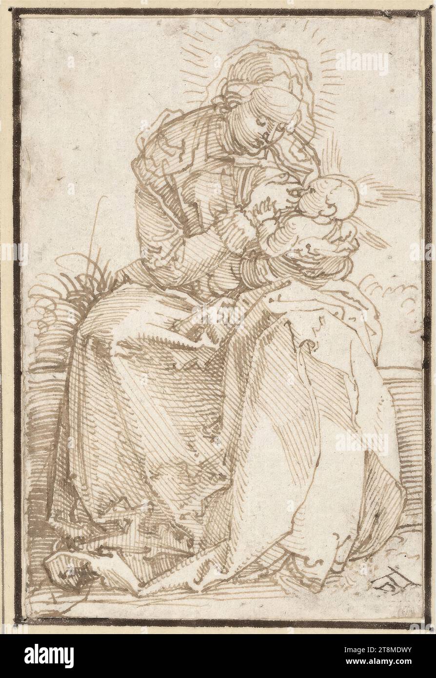 Mary Nursing the Child, Albrecht Dürer (Nuremberg 1471–1528 Nuremberg), 1519, dessin, plume et encre brune ; trous d'épingle au-dessus, à droite et en dessous, lignes de transfert rayées, 11,6 x 7,7 cm, r.l. Duc Albert de Saxe-Teschen, b. r. Dürer's monogram 'AD' (par une main postérieure Banque D'Images