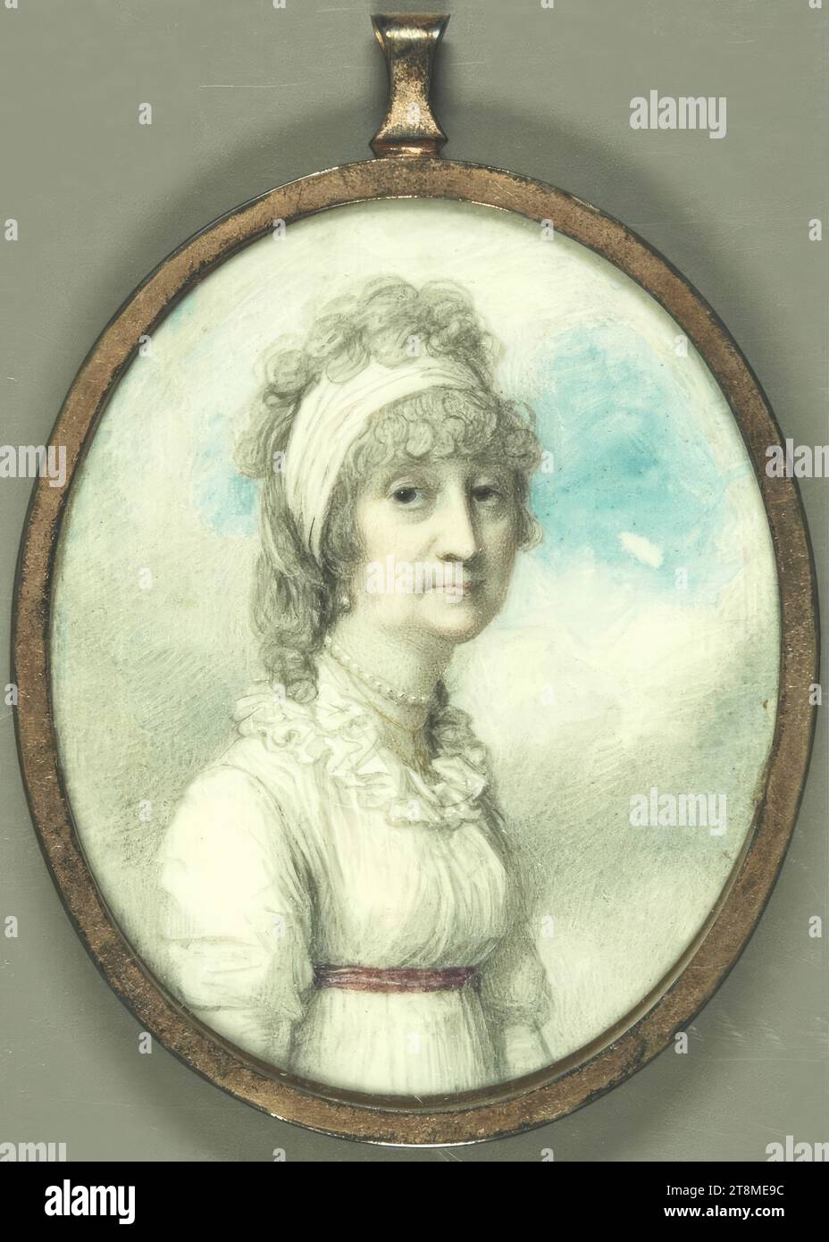 Dame âgée en robe blanche avec ceinture rouge, Richard Cosway (Oakford (Devon) 1742 - 1821 Londres), 1798, dessin, aquarelle sur ivoire, 7,1 x 5,7 cm, inscrit au revers : 'RDU. Cosway, R.A., Primarius Pictor, Serenissimi Walliae, Principis, pinxit, 1798 Banque D'Images