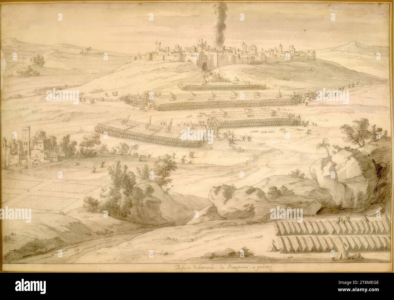 Bataille biblique (modèle illustratif), collection de 20 feuilles représentant des batailles bibliques, Adam Frans van der Meulen (Bruxelles 1632 - 1690 Paris), dessin, craie noire, lavis gris, traces de craie blanche dans le ciel ; strummed., 30,5 x 44,7 cm, 'Deserte de l'armée de Benjamin a gabaa' - RE. ci-dessus : '15 Banque D'Images