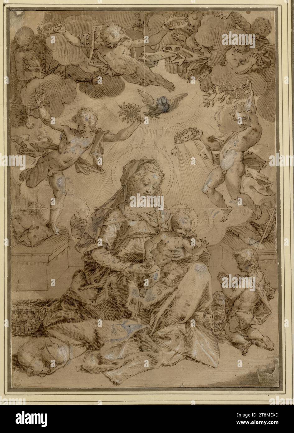 Maria avec enfant et le garçon Jean dans la gloire angélique, anonyme, vers 1600, dessin, plume gris-brun et encre sur papier brunâtre, lavé et rehaussé de blanc avec un pinceau, 29,2 x 20,8 cm, l. Duc Albert de Saxe-Teschen Banque D'Images