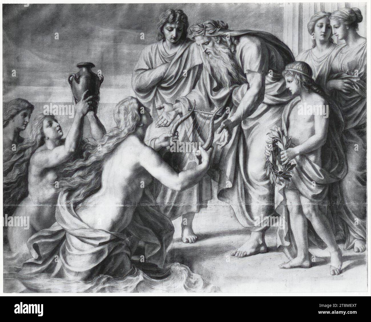 La lyre et le pot de frêne d'Orphée sont donnés au prêtre de l'harmonie par les Océanides, Karl Rahl (le Jeune) (Vienne 1812 - 1865 Vienne), dessin, fusain, 161 x 203 cm Banque D'Images