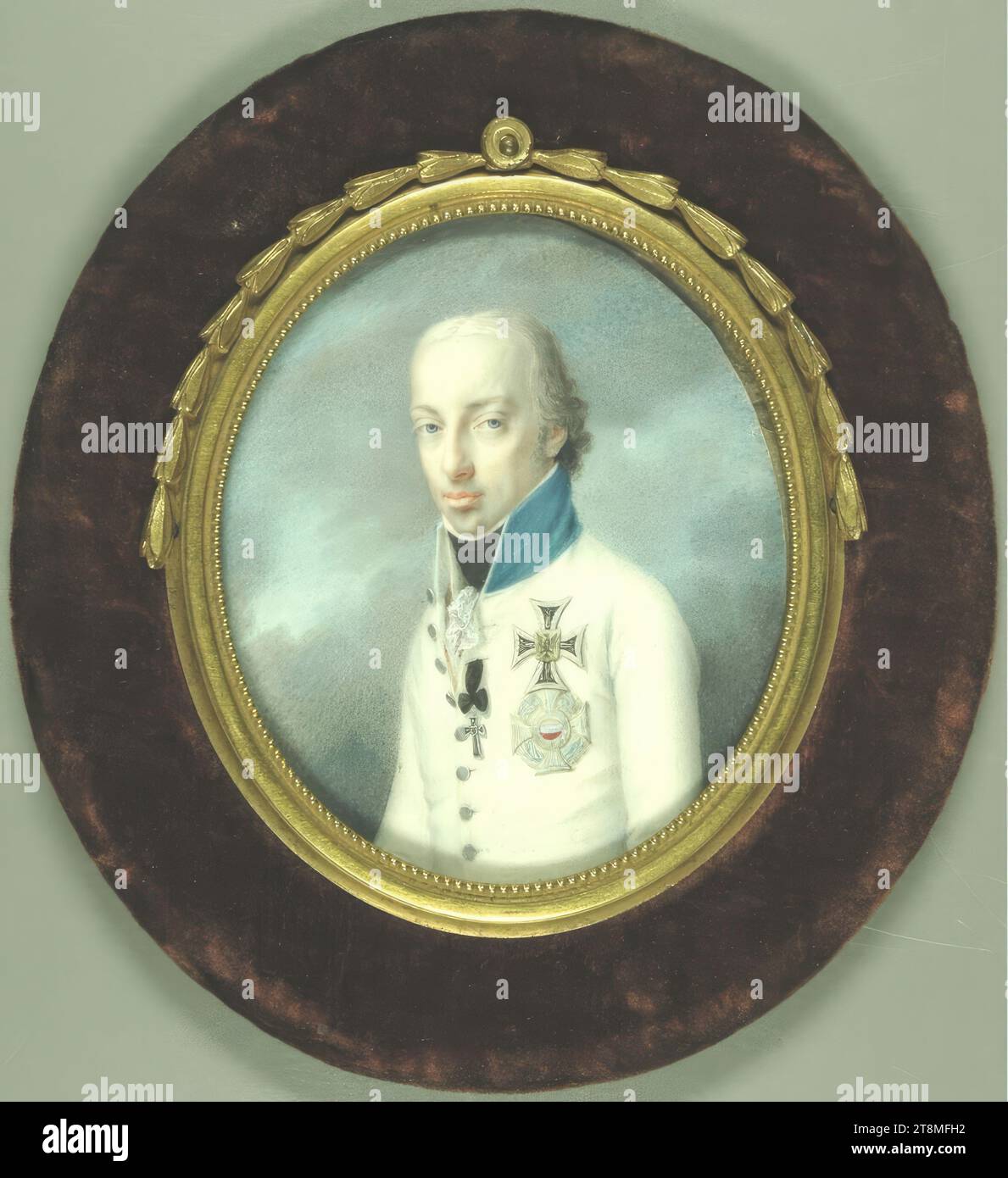 Carl, archiduc d'Autriche (1771-1847), en uniforme blanc avec un col bleu, décoré de l'ordre de Marie-Thérèse et des Chevaliers Teutoniques, Franziskaario (Mannheim 1763/1770 - 1836 Munich), 1801, dessin, aquarelle sur ivoire, 9.7x8.5cm Banque D'Images
