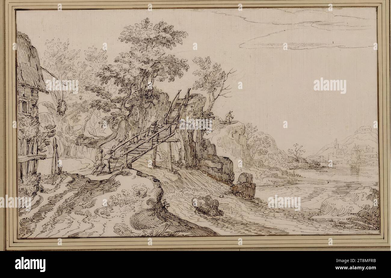 Ruisseau de montagne avec pont en bois, Isaak Major (Francfort-sur-le-main 1588 - après 1642 Vienne), 1e moitié du 17e siècle, dessin, plume et encre en brun plus foncé et plus clair, 14,9 x 23,5 cm Banque D'Images