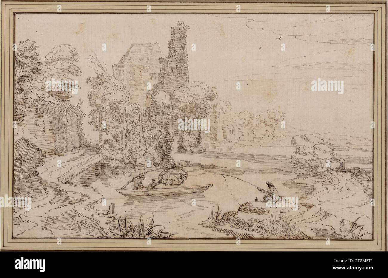 Rive du lac avec hameau et murs en ruine, Isaak Major (Francfort-sur-le-main 1588 - après 1642 Vienne), 1e moitié du 17e siècle, dessin, plume et encre brun foncé et clair, 14,5 x 23,3 cm Banque D'Images