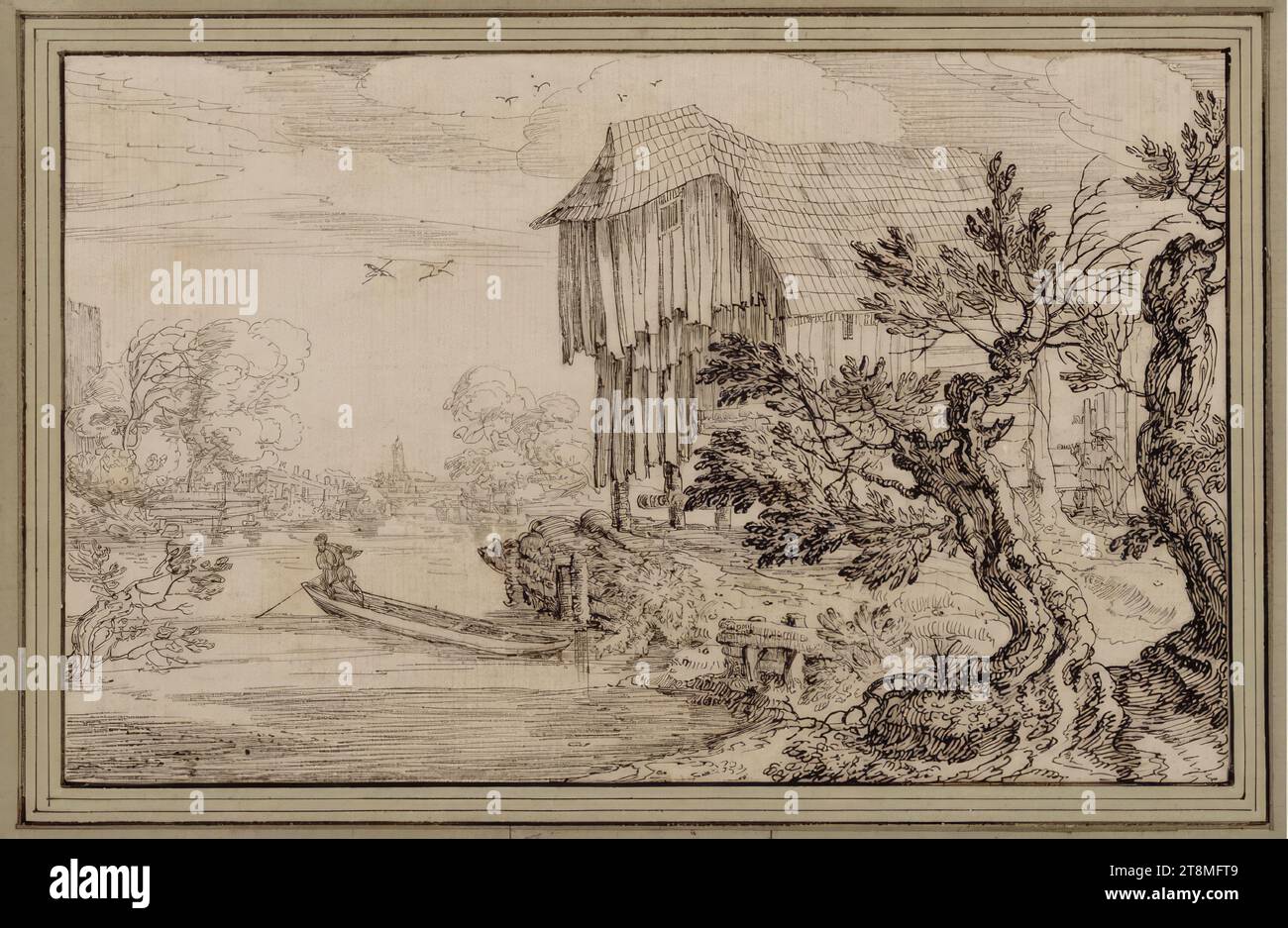 Cabane en bois au bord d'un canal, Isaak Major (Francfort-sur-le-main 1588 - après 1642 Vienne), 1e moitié du 17e siècle, dessin, plume et encre brun foncé et clair, 14,8 x 23,6 cm Banque D'Images