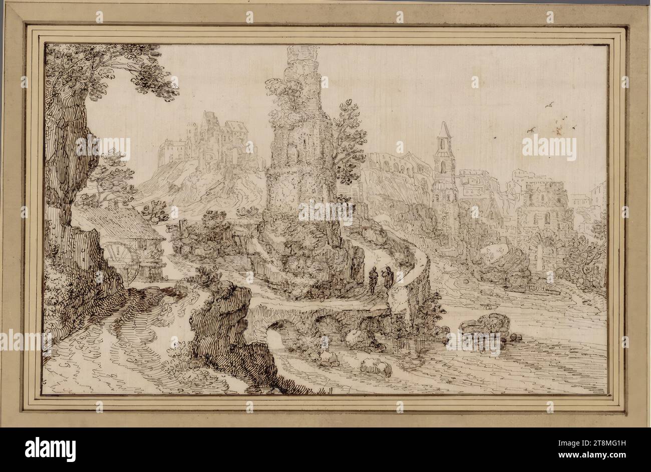 Fantastique ville en ruine, Isaak Major (Francfort-sur-le-main 1588 - après 1642 Vienne), 1e moitié du 17e siècle, dessin, plume en brun plus foncé et plus clair, 14,6 x 23,4 cm Banque D'Images