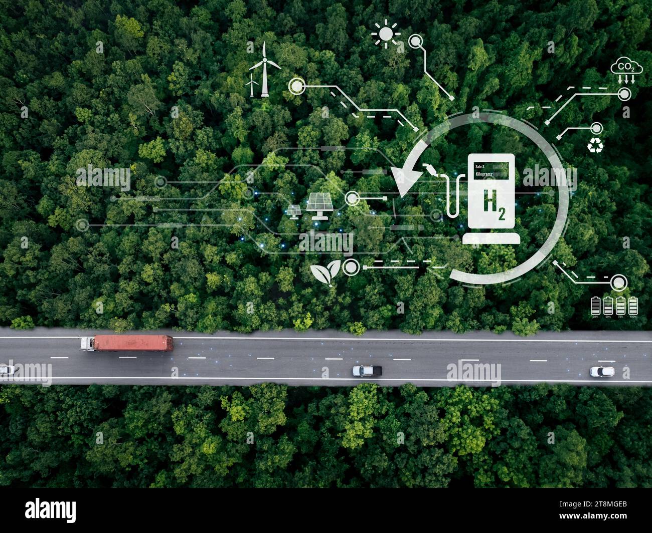Hydrogène vert. Énergies renouvelables durables. Hydrogène véhicule à pile à combustible. Voiture à zéro émission. Énergie future. Technologie verte. Énergie solaire et éolienne Banque D'Images