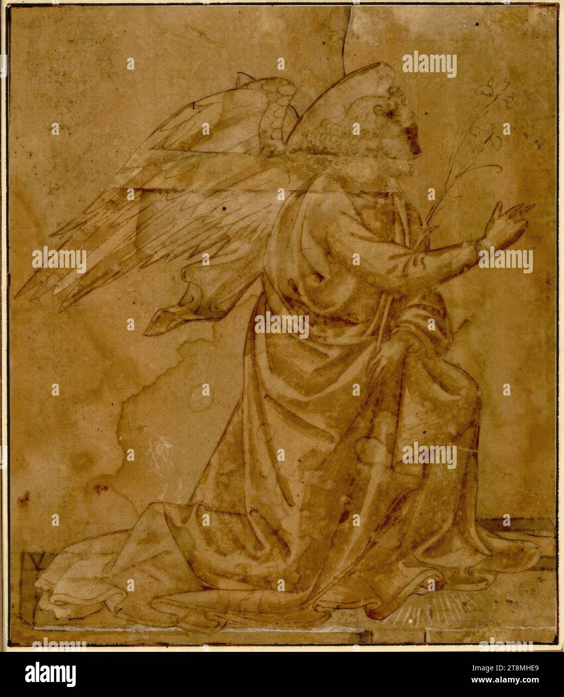 Archange Gabriel agenouillé à droite, FRA Filippo Lippi (italien, c. 1406 - 1496), dessin, plume ; lavé ; découpé et collé ; ajouté par quelqu'un d'autre ; démembrement à la bouche ; parties de la robe et de l'aile tracées, 20,7 x 17,8 cm, r.r. Duc Albert de Saxe-Teschen Banque D'Images