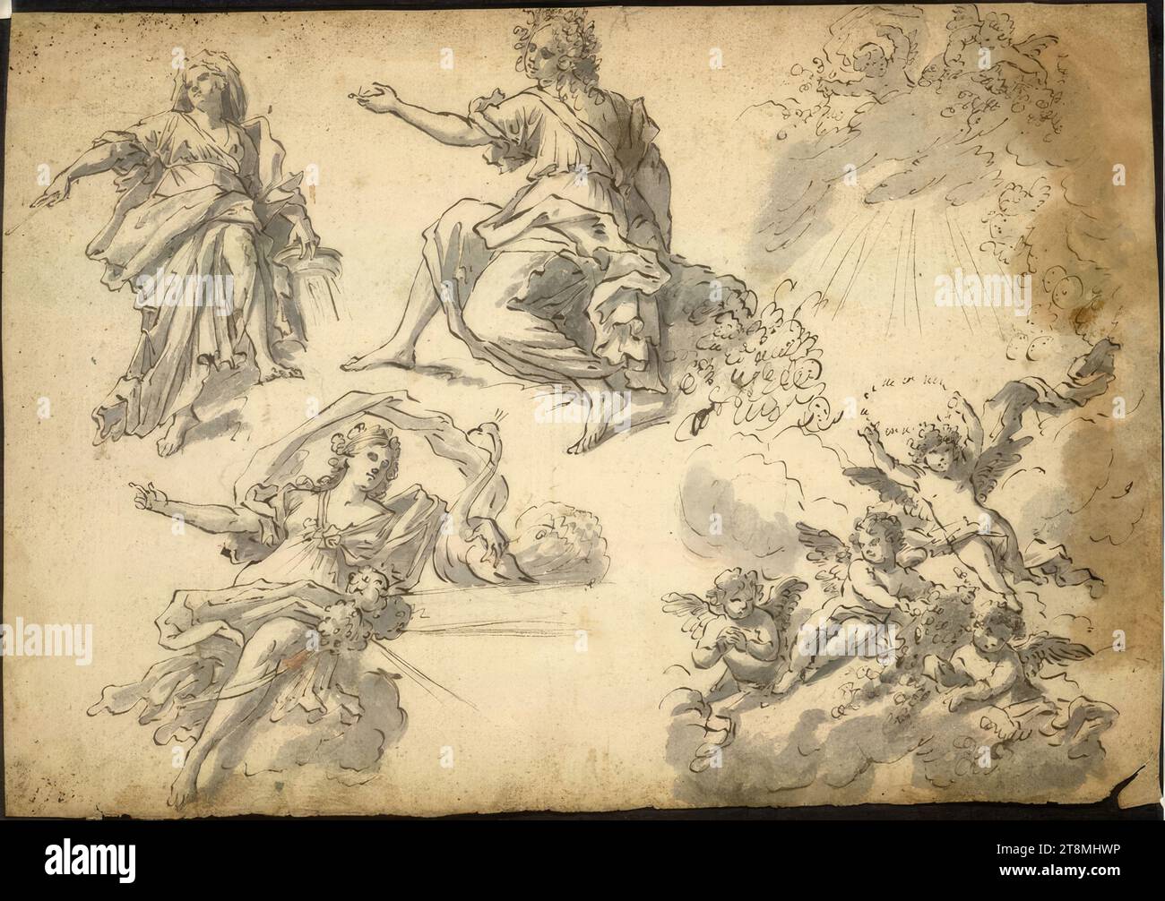 Trois figures mythologiques ; Flying Putti, Fedele Fischetti (Naples 1734 - 1789 Naples), 1734 - 1789, dessin, plume ; lavage gris; la marge droite colorée, 28,3 x 40,5 cm Banque D'Images