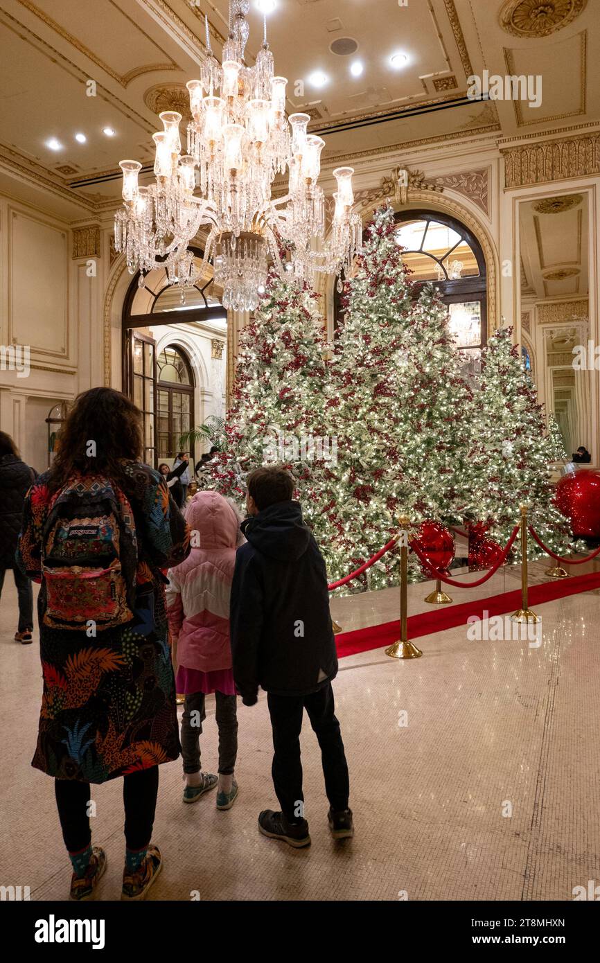 Des décorations de vacances élaborées dans le hall de l'hôtel Plaza attirent de nombreux touristes pendant la saison des fêtes, 2023, New York City, USA Banque D'Images