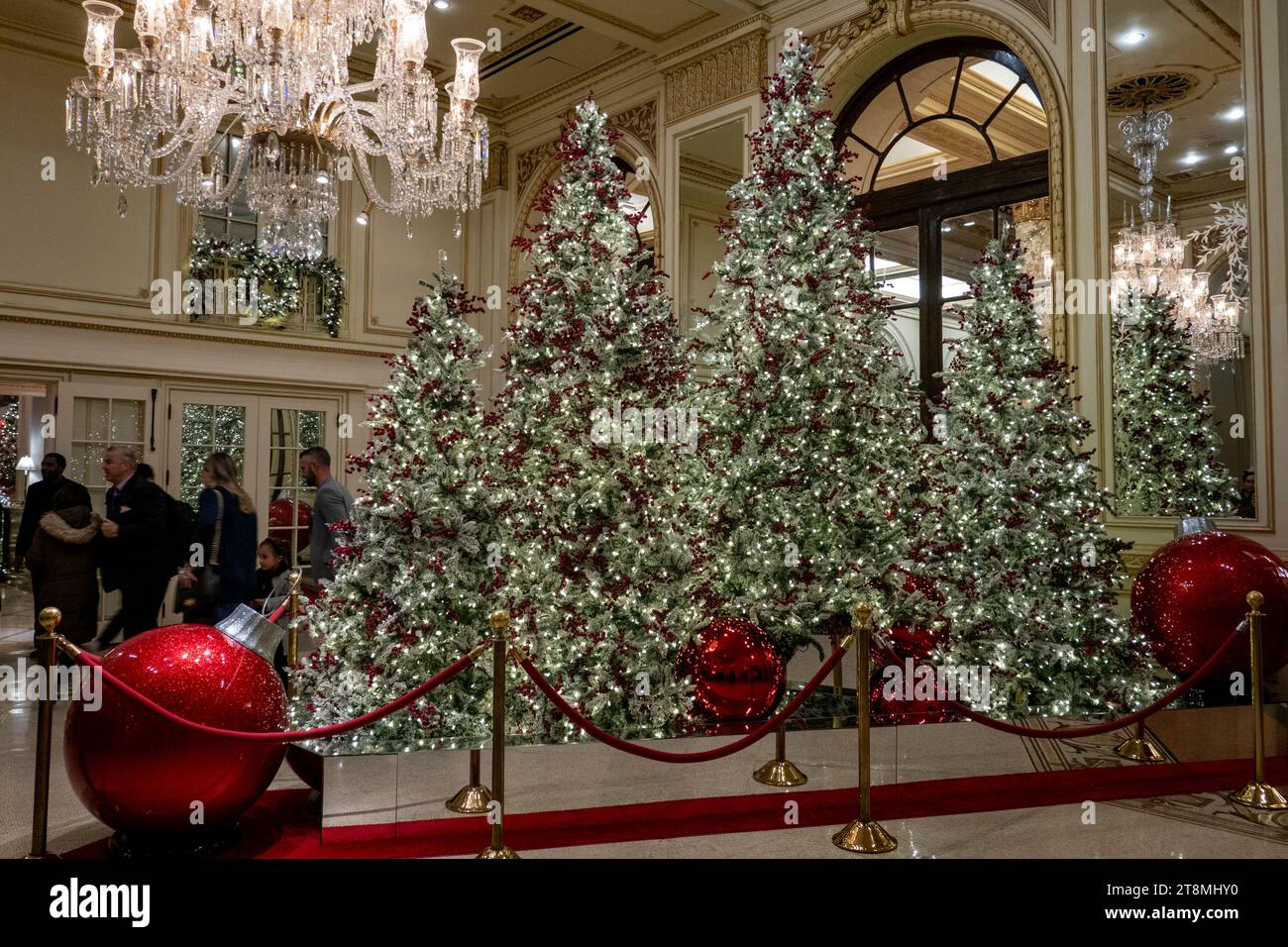 Des décorations de vacances élaborées dans le hall de l'hôtel Plaza attirent de nombreux touristes pendant la saison des fêtes, 2023, New York City, USA Banque D'Images