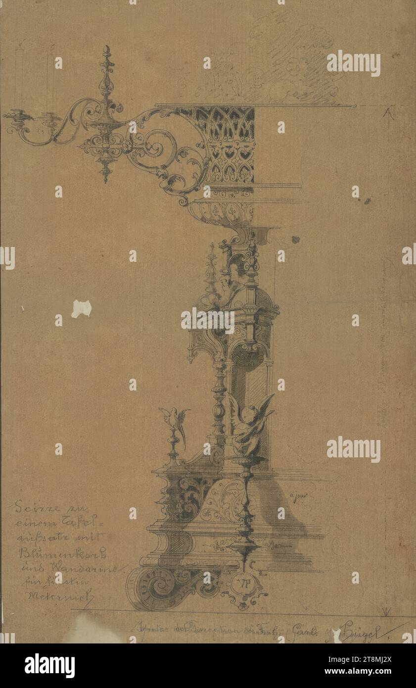 Ébauche d'une pièce maîtresse avec panier à fleurs et bras muraux pour la princesse Metternich, carnet de croquis Romano de Ringe Johann Julius et Schwandernwein de Lanauberg August ; 28 pages paginées, Johann Julius Romano von Ringe (Constance 1818 - 1882 Vienne), August Schwandernwein von Lanauberg (Vienne 1817 - 1885 Vienne), carnet de croquis : 1840-1850, dessin, crayon; stylo en noir; lavé, feuille : 28,7 cm x 18,5 cm, l.l. 'Scizze to, un panneau, essai avec, panier à fleurs, et bras muraux., pour Princesse, Meterich.', crayon ; mu 'sous la direction du Freih.' Carl Hügel. Banque D'Images