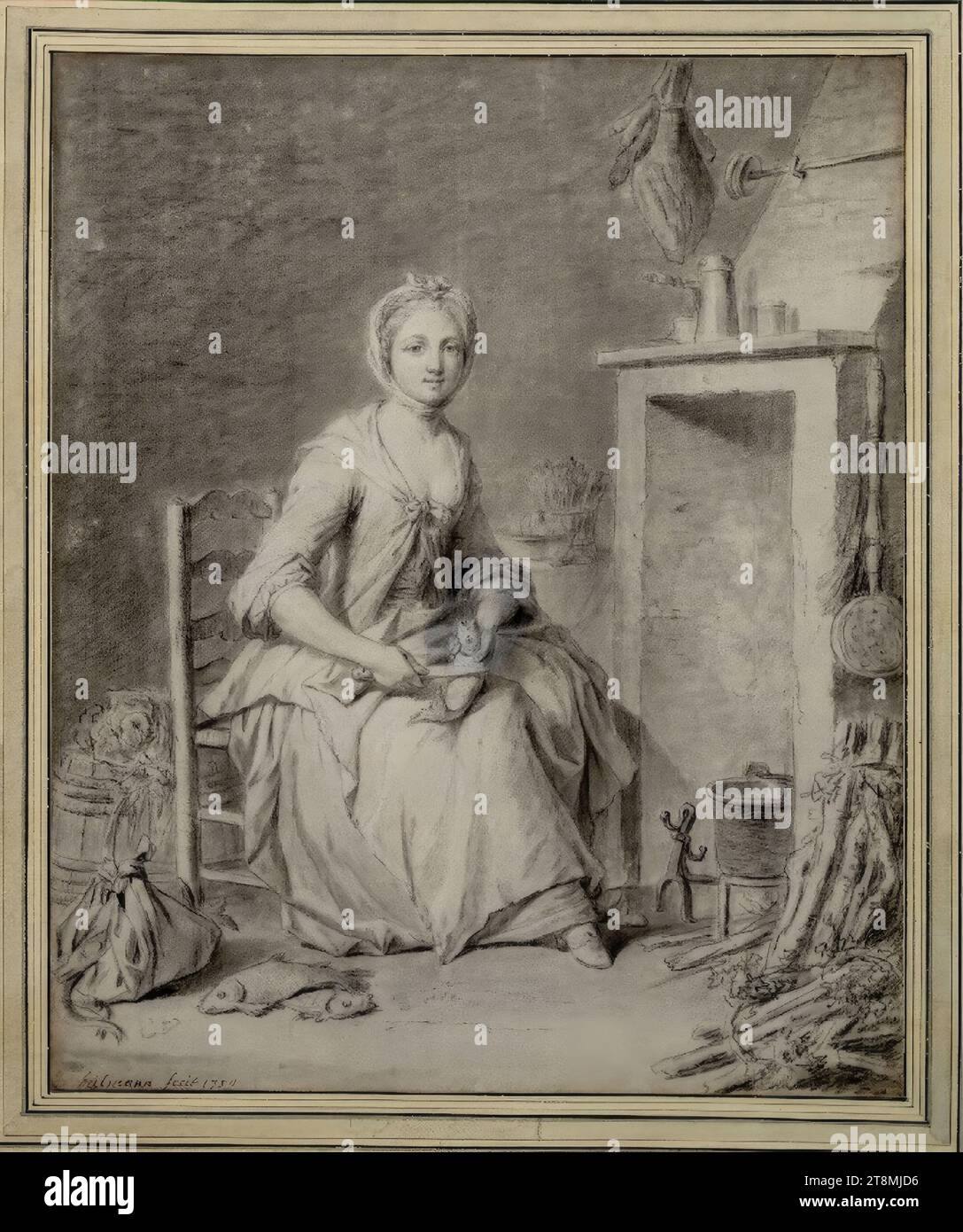Femme de ménage de poisson, assise devant la cheminée, Johann Kaspar Heilmann (Mulhouse (Suisse) 1718 - 1760 Paris), 1759, dessin, craie noire et blanche, 39,4 x 32,2 cm, l. et duc Albert de Saxe-Teschen Banque D'Images