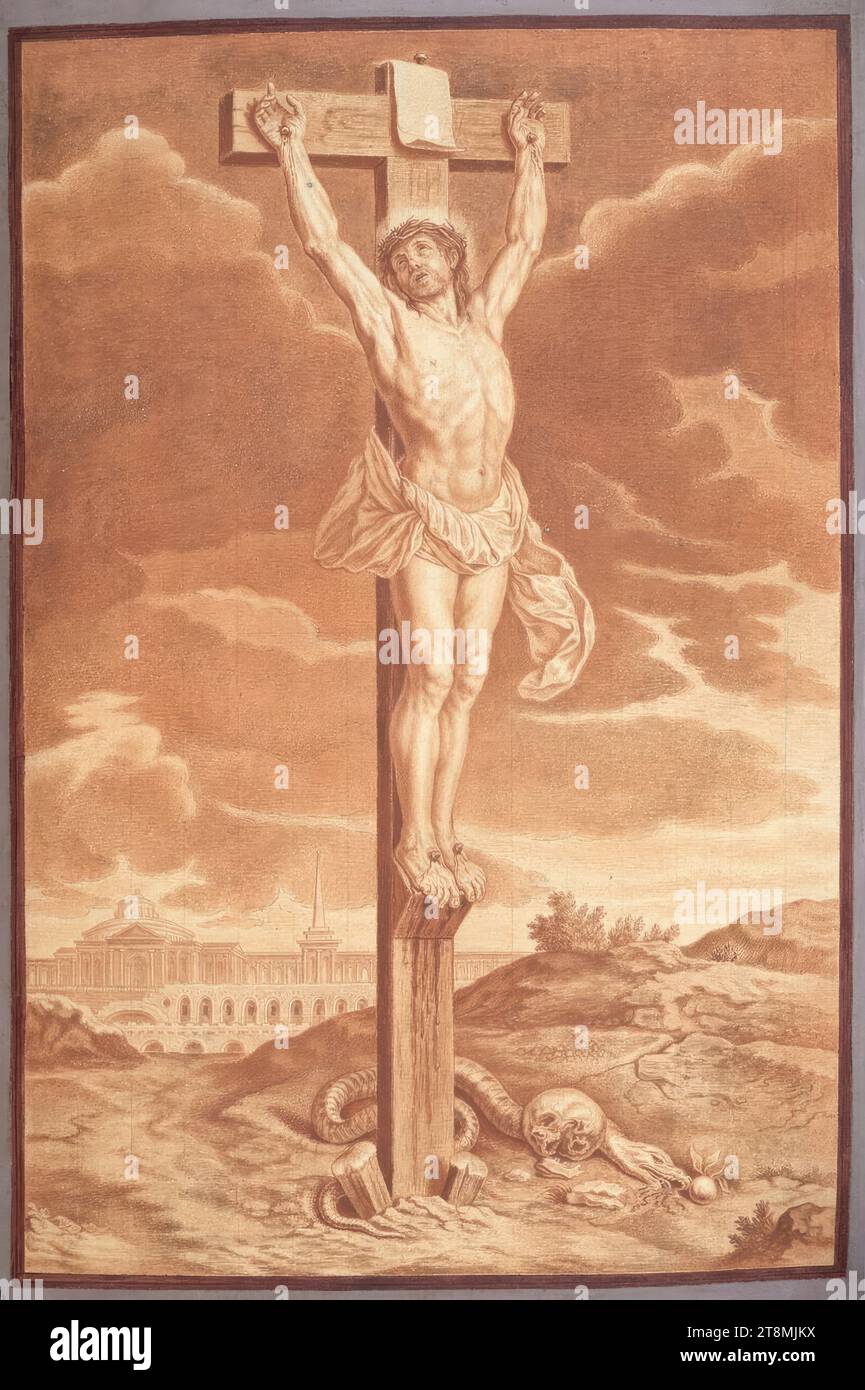 Crucifixion de Jésus, Nicolas Bazin (Troyes 1633 - 1710 Troyes), c. 1687, dessin, craie rouge, 52,8 x 37,6 cm Banque D'Images