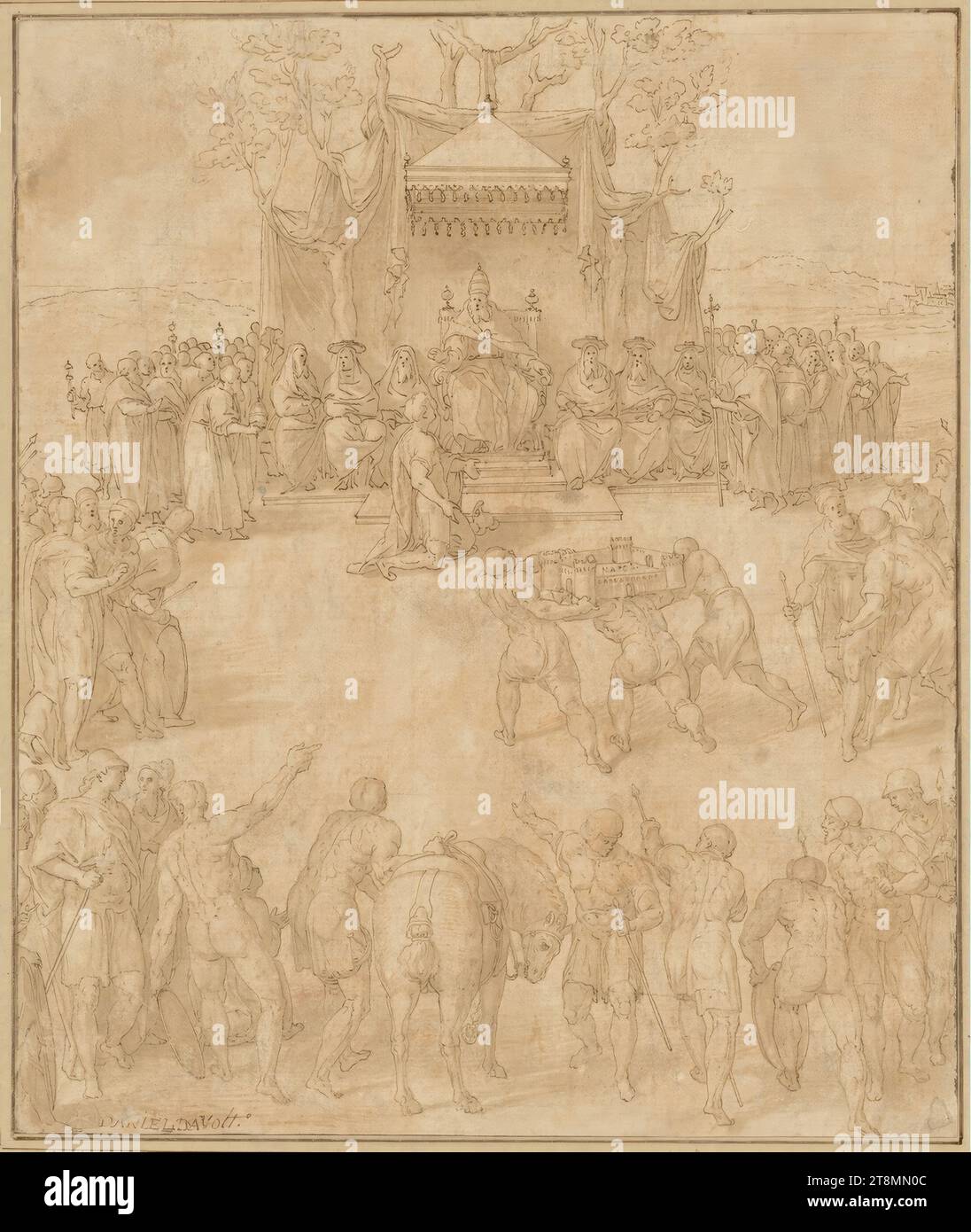 Mandat avec Naples. (À l'arrière est assis un pape sous une canopée, entouré de cardinaux et d'entourage ; le porteur de fief s'agenouille devant lui ; trois hommes apportent la maquette d'un château inscrit avec NAPOLI ; au premier plan des gens armés de lances ; cheval), anonyme, dessin, plume; lavé;, 23 x 19,6 cm, l. l. frise ; r.b. Duke Albert de Saxe-Teschen, en bas à gauche dans une vieille main 'DANIEL DA VOLT Banque D'Images