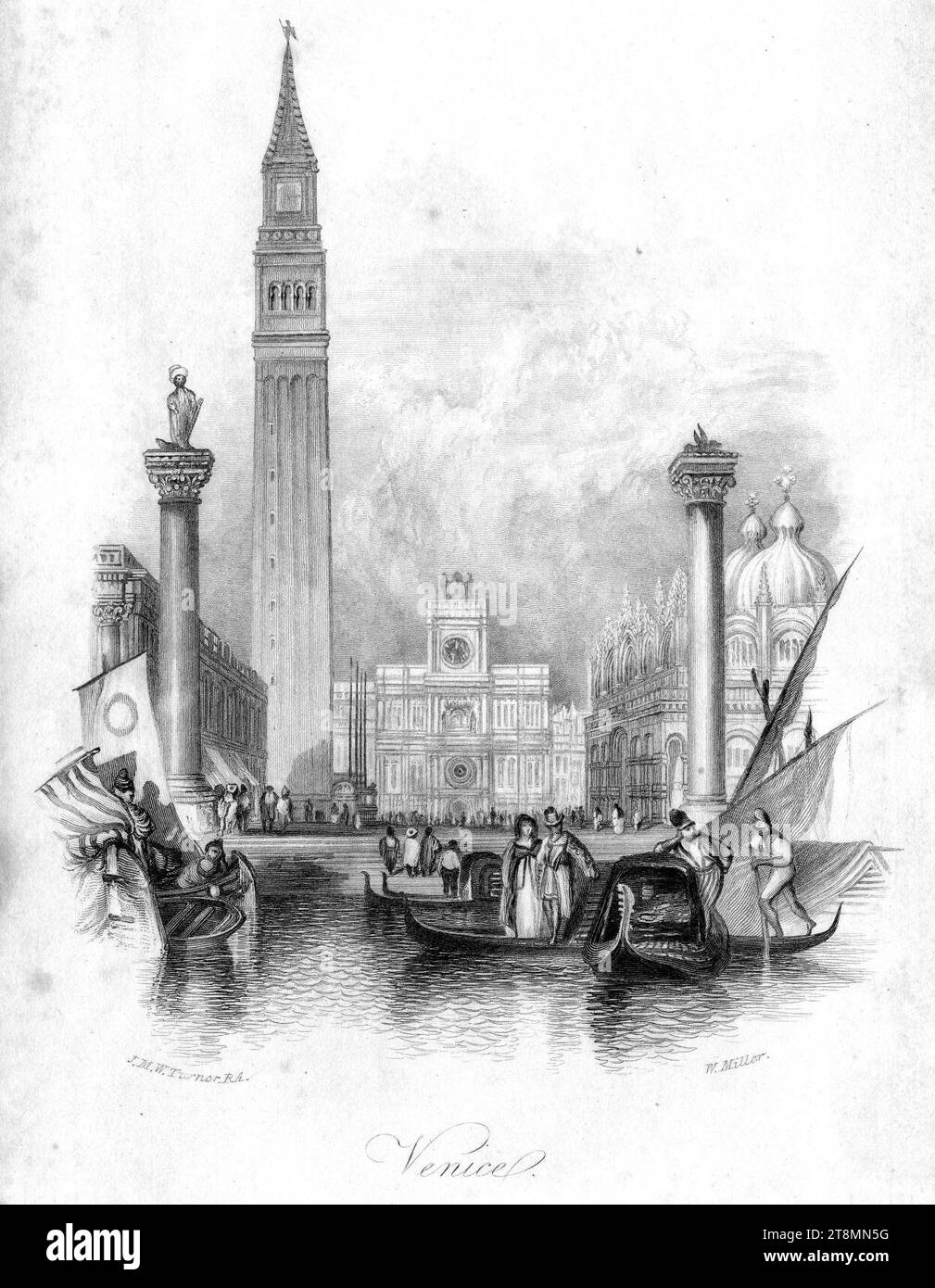 Venise. Gravure Campanile de William Miller d'après Turner R528. Banque D'Images