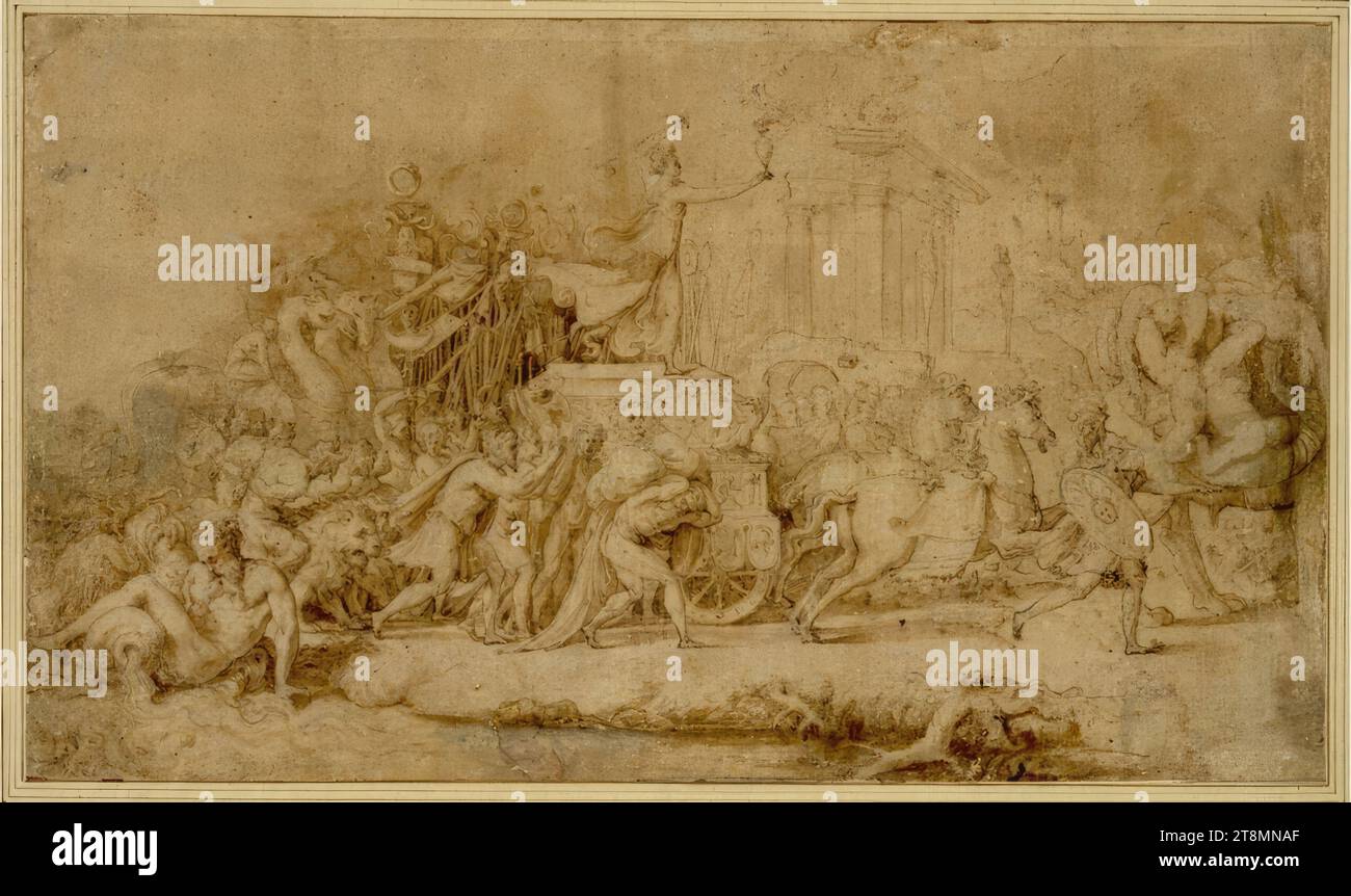 Procession triomphale Bacchic. Bacchus ivre se tient sur le char triomphal tiré à droite par deux chevaux ; derrière eux, empilés et portés butin, chameaux, entourage, satyres, lions; au premier plan à gauche un dieu du fleuve), Francesco de Rossi, dit Salviati (Florence 1510 - 1563 Rome), 1540-1545, dessin, craie ; plume; lavé ; rehaussé de blanc ; papier jaune clair apprêté, 24,1 x 40,8 cm, l. l. Duc Albert de Saxe-Teschen Banque D'Images Procession triomphale Bacchic. Bacchus ivre se tient sur le char triomphal tiré à droite par deux chevaux ; derrière eux, empilés et portés butin, chameaux, entourage, satyres, lions; au premier plan à gauche un dieu du fleuve), Francesco de Rossi, dit Salviati (Florence 1510 - 1563 Rome), 1540-1545, dessin, craie ; plume; lavé ; rehaussé de blanc ; papier jaune clair apprêté, 24,1 x 40,8 cm, l. l. Duc Albert de Saxe-Teschen Banque D'Images
