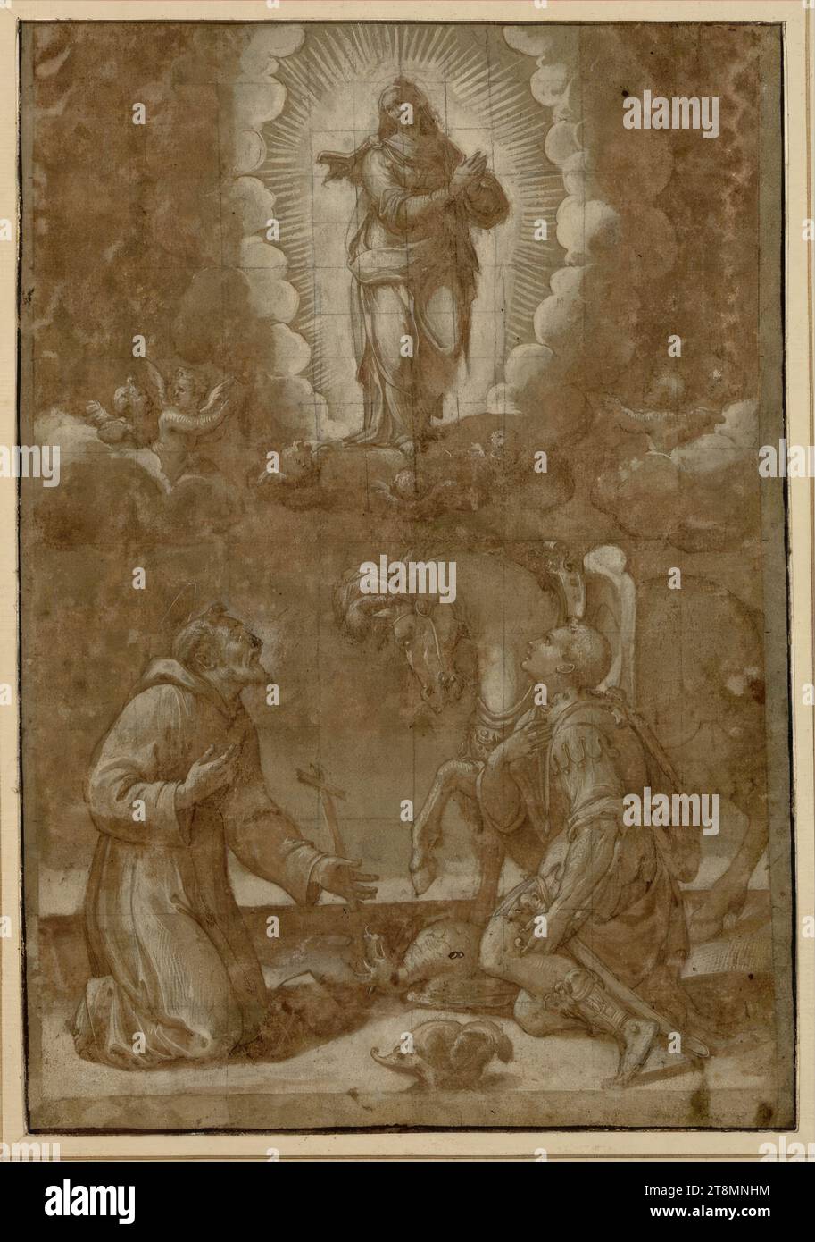 La Madone en gloire. Saints François et George adorant la Madone suspendue dans la gloire ; à côté de Saint George son cheval ; sur le sol le dragon tué, anonyme, Crémone (fin 16e siècle), fin 16e siècle, dessin, plume ; lavé; rehaussé de blanc ; grille de craie ; papier verdâtre, 34 x 23,4 cm, l.l. Duc Albert de Saxe-Teschen Banque D'Images