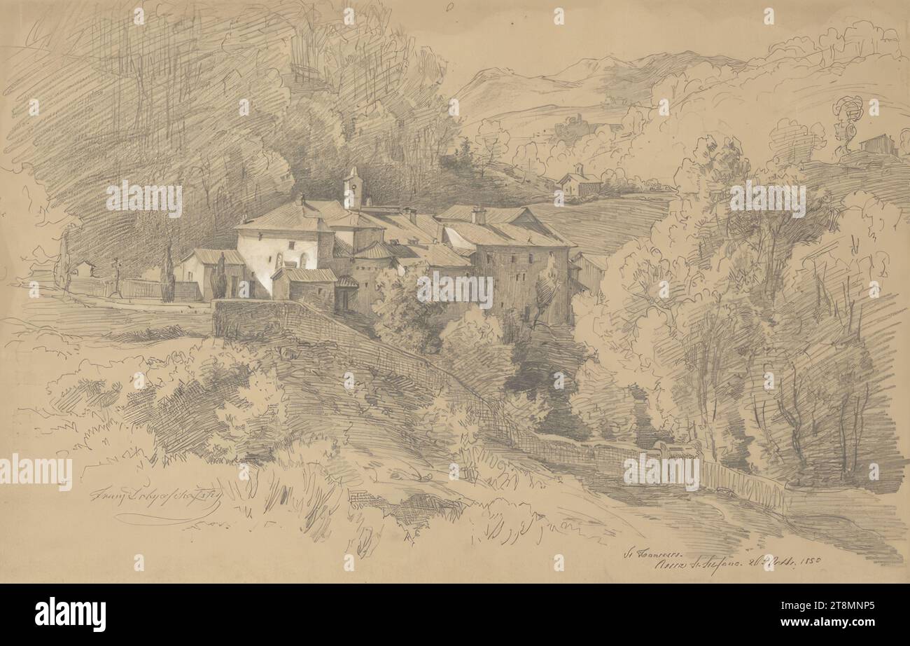 Le monastère de San Francesco près de Rocca di San Stefano dans les environs de Rome, Franz Joseph Dobyaschofsky (Vienne 1818 - 1867 Vienne), 1855, dessin, crayon, rehaussé de blanc, 30,3 × 47 cm, verso : l.l. '3, AUCT M W Mars 68 Banque D'Images