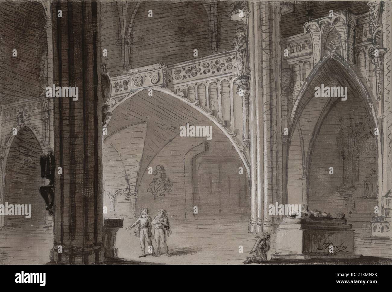 Intérieur d'une église gothique avec un monument funéraire au premier plan, Joseph Fischer (Vienne 1769 - 1822 Vienne), dessin, plume et encre en noir, gris-brun délavé, rehaussé de blanc, selon Cahier : 24,6 x 36,4 cm, l.l. Duc Albert de Saxe-Teschen Banque D'Images