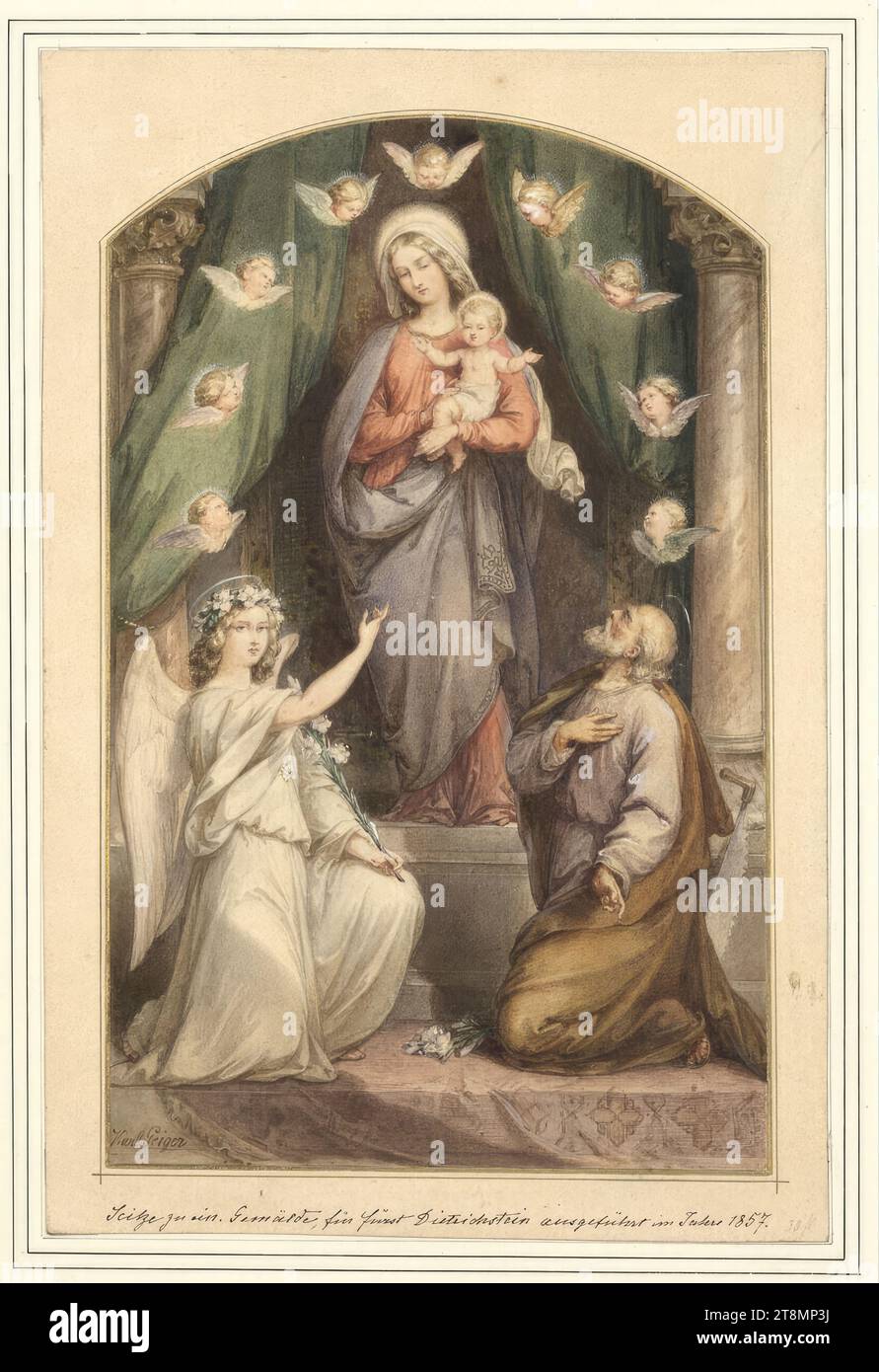 Madone debout avec Saint Simon et un Ange, Carl Joseph Geiger (Vienne 1822 - 1905 Vienne), 1857, dessin, 23,2 x 15,3 cm, ci-dessous : 'Scitze zu ein. Peinture exécutée pour le prince Dietrichstein en 1857 Banque D'Images
