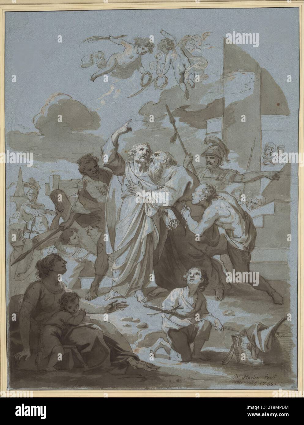 Adieu aux Apôtres Pierre et Paul, Joseph Hauber (Geratsried près d'Immenstadt 1766 - 1834 Munich), 1799, dessin, plume et pinceau en brun, lavé, rehaussé en blanc au pinceau, au crayon, sur papier bleu ; ligne de cadrage noir, 42,6 x 32,6 cm, en bas à droite Duc Albert de Saxe-Teschen Banque D'Images