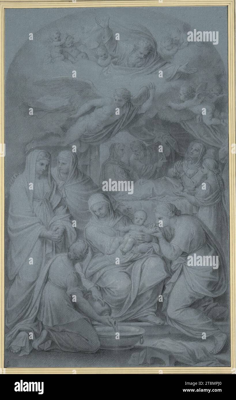 Naissance de la Vierge Marie, János Mihály Hess (Eger 1768 - après 1833 Vienne), dessin, craie noire, rehaussée de craie blanche, sur papier bleu, 44,8 x 28 cm, l.l. Duc Albert de Saxe-Teschen Banque D'Images