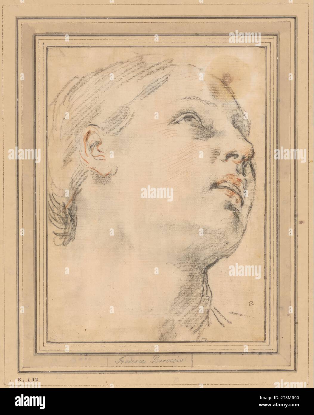 Tête de fille à droite avec le regard levé, Guido Reni (Calvenzano 1575 - 1642 Bologne), dessin, craie noire, sanguine, 20,4 x 15 cm, r.l. Richardson Jr. ; l.b. Duc Albert de Saxe-Teschen Banque D'Images