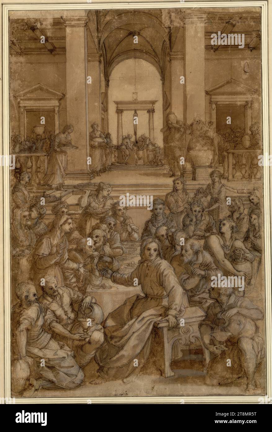Le mariage de Cana. (Au milieu une vue d'une fontaine avec deux colonnes d'où les serviteurs tirent l'eau), Alessandro Allori (Italie, 1535 - 1607), c. 1592, dessin, craie ; plume ; lavée ; rehaussée de blanc ; papier brunâtre, 46,7 x 30,5 cm, l. l. Duc Albert de Saxe-Teschen, dans le centre inférieur probablement contemporain écriture à l'encre 'del Alori Banque D'Images