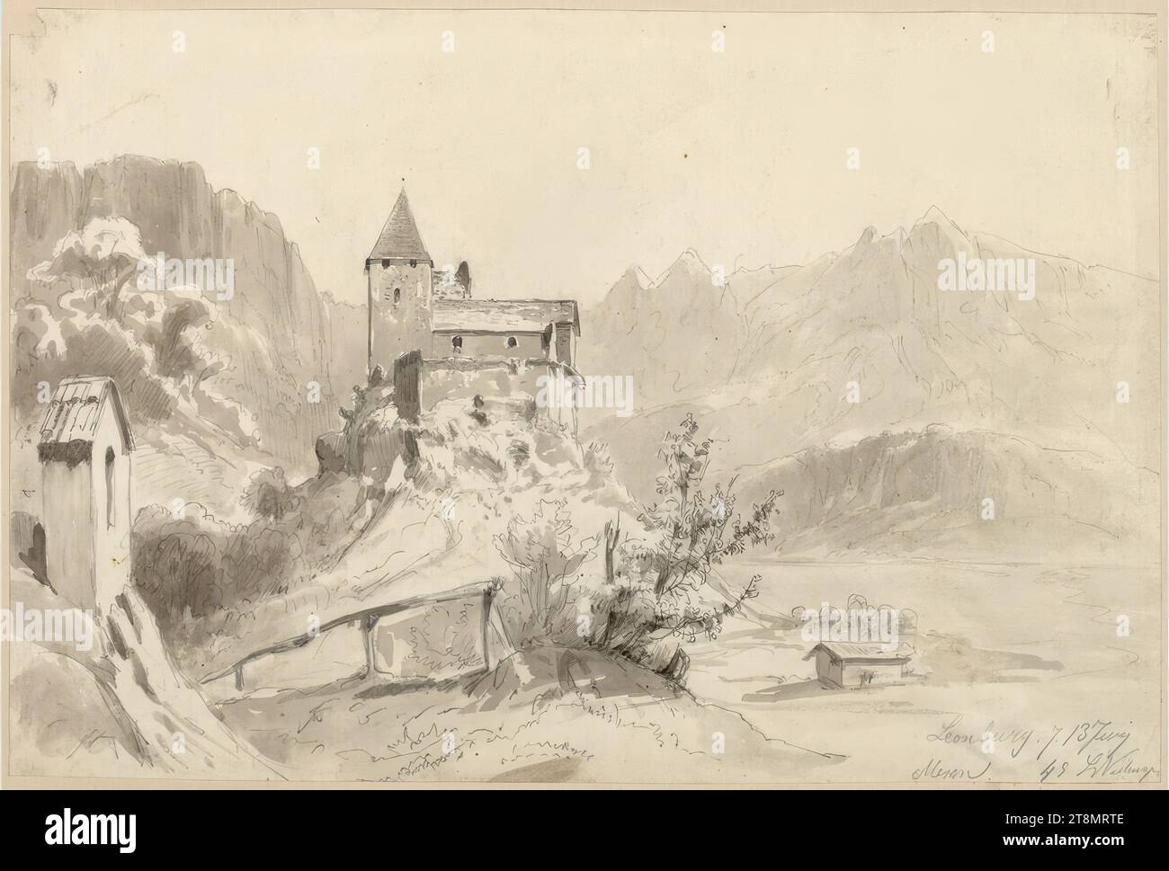 Château de Leonburg près de Meran, Ludwig Neelmeyer (Osnabrück 1814 - 1870 Gries près de Bozen), 1845, dessin, crayon, pinceau en gris, lavé ; bordure crayon sur le papier support, 21,6 × 32,3 cm Banque D'Images