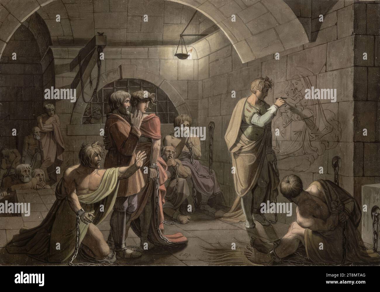 Stella enchaînée dans un donjon souterrain avec des prisonniers, dessinée sur le mur une Madone avec l'enfant Jésus, Karl Russ (Wien 1779 - 1843 Wien), 1810, Zeichnung, FEDER in Braun, Aquarell, 37,6 × 54 cm Banque D'Images