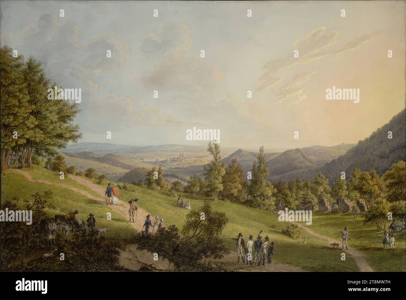 Vue depuis une colline avec des vacanciers jusqu'à une ville sur la rivière (Linz?), Karl Ludwig Friedrich Viehbeck (Autriche, 1769 - 1827), c. 1820, dessin, plume et encre en brun, aquarelle, 38,9 × 58,1 cm Banque D'Images