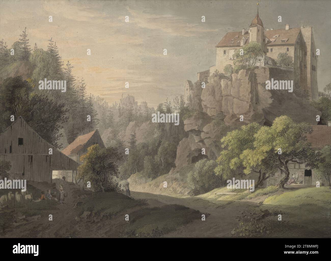 Château de Hohnstein vu du site, Christian August Günther (Pirna an der Elbe 1759 - 1824 Dresde), années 1790, dessin, plume noir et gris-noir, aquarelle, au-dessus de marques de crayon ; ligne de cadrage noire, 26 x 36,5 cm, l. l. Duc Albert de Saxe-Teschen Banque D'Images