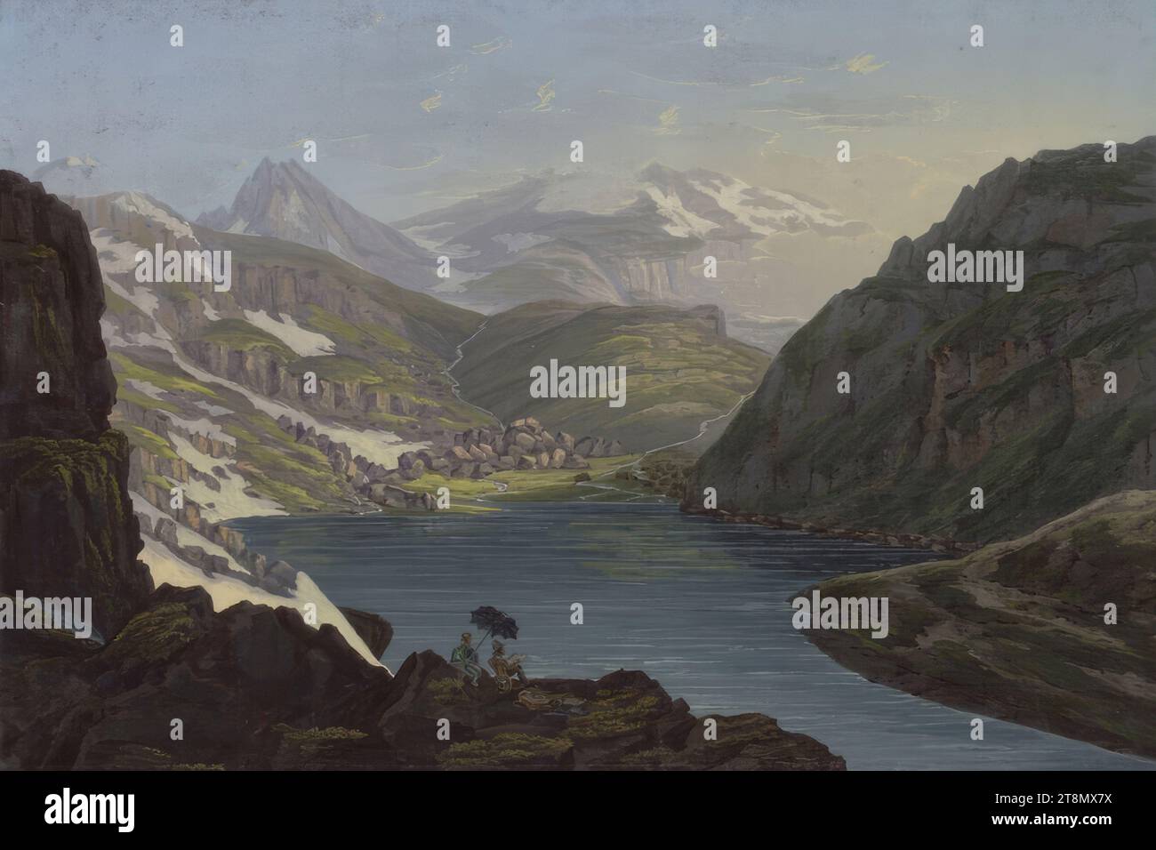 Source du Rhin, Johann Ludwig Bleuler (Feuerthalen 1792 - 1850 Laufen), 1e moitié du 19e siècle, dessin, gravure, fortement surpeint, 32,1 x 47,7 cm, passe partout : M.U., 'Source du Rhin antérieure.' ; r.b. 'N.5 Banque D'Images