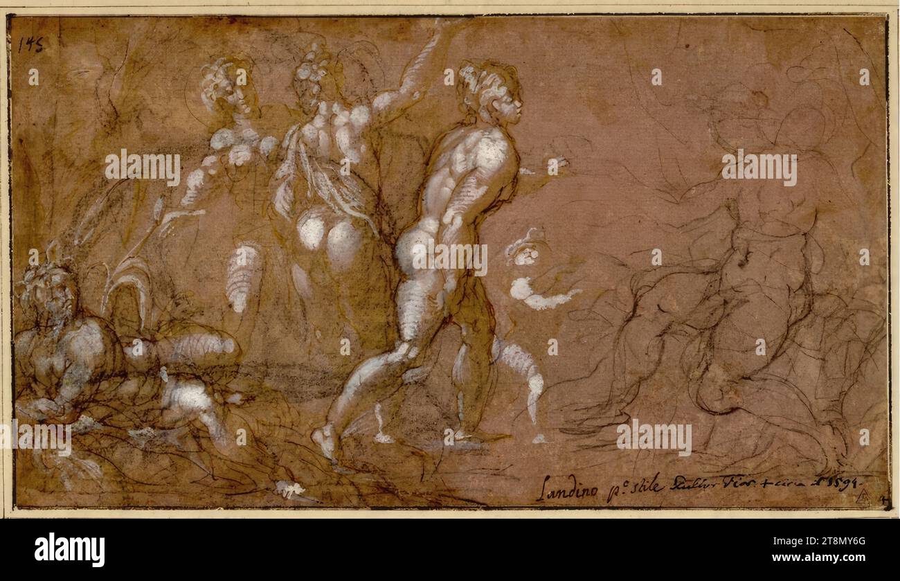 Le jugement de Paris. (Paris est assis à droite, les trois déesses au milieu ; un dieu du fleuve est étendu à gauche), Taddeo Landini (Italie, vers 1550 - 1594/96), dessin, craie ; plume ; lavé; rehaussé de blanc ; papier brun-violet, 14,3 x 25,5 cm, r.l. Marquis de Lagoy ; l.b. Duc Albert de Saxe-Teschen, en bas à droite 'Landino p stile' dans une main postérieure ; plus loin dans l'autre main et l'encre 'Scultor Fior. f. circa il 1594' ; par la même encre '145' en haut à gauche ; dans le coin inférieur droit '4 Banque D'Images