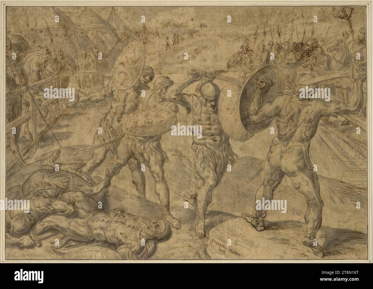La bataille des Horatii et des Curiatii, anonyme, dessin, plume marron, lavage gris, 27,8 x 39,8 cm, avec 'Francisco Floris inve' ci-dessous Banque D'Images