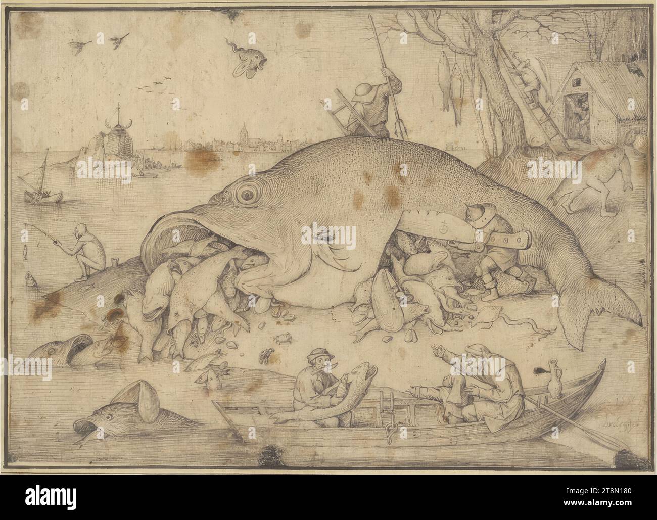 Les gros poissons mangent les petits, Pieter Bruegel le plus jeune Ä. (Breda?) 1526/27 - 1569 Bruxelles), 1556, dessin, plume et pinceau gris et noir, 21,6 x 30,7 cm, l. l. Duc Albert de Saxe-Teschen, r.r. '1556, bruegel Banque D'Images