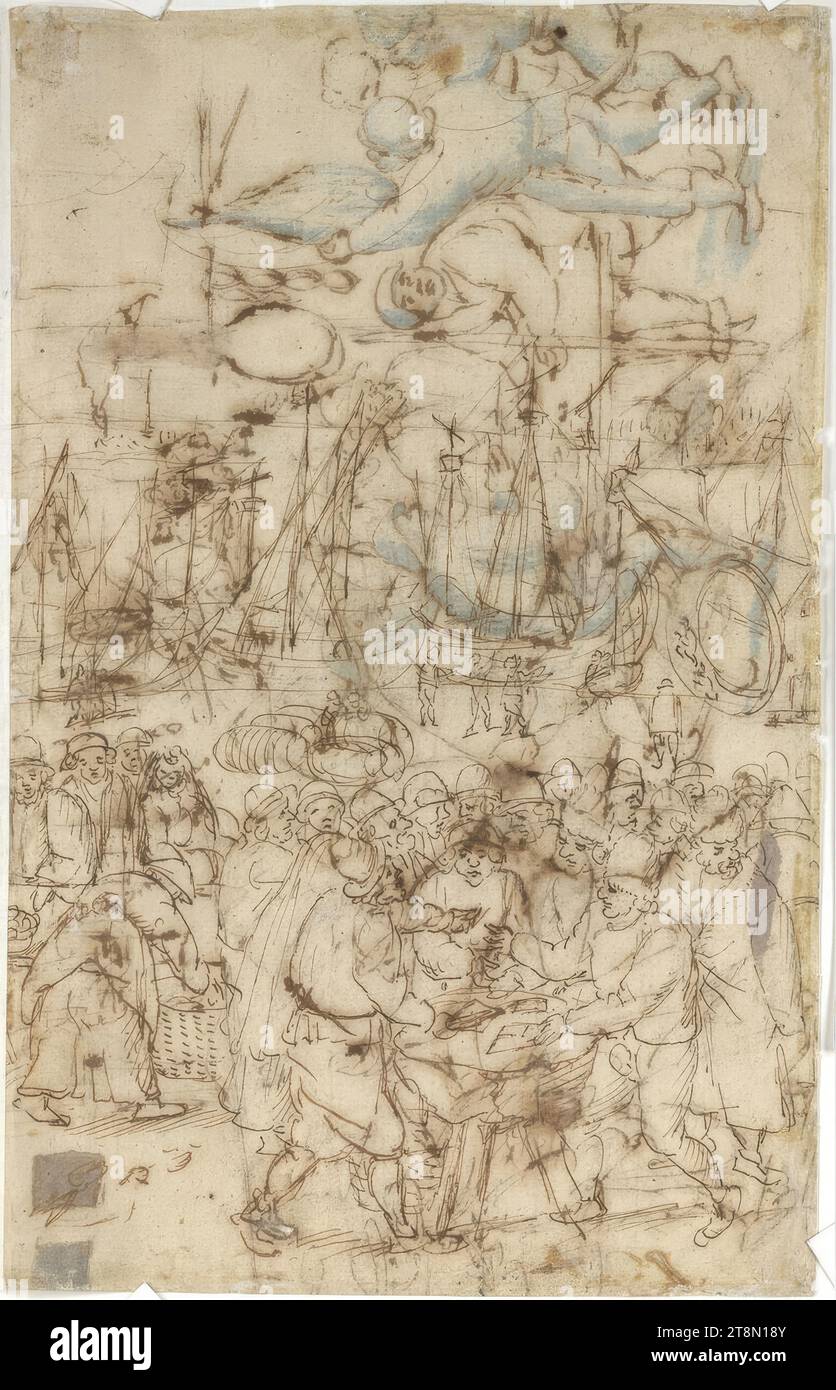 Marché avec port maritime, Marten van Cleve (l'ancien) (Anvers 1527–1581 Anvers), dessin, stylo et encre brune, 19,2 x 29.5cm Banque D'Images