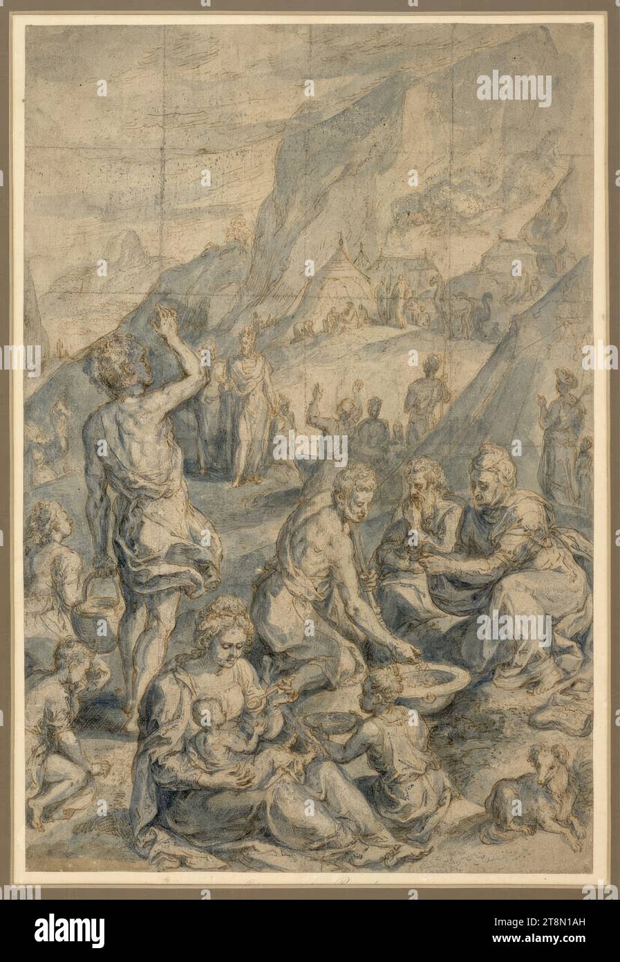 Mannalese, Crispin van den Broeck (Malines 1524 - 1591 Anvers), 1571, dessin, stylo brun, bleu, lignes de grille, 38 x 25,5 cm Banque D'Images