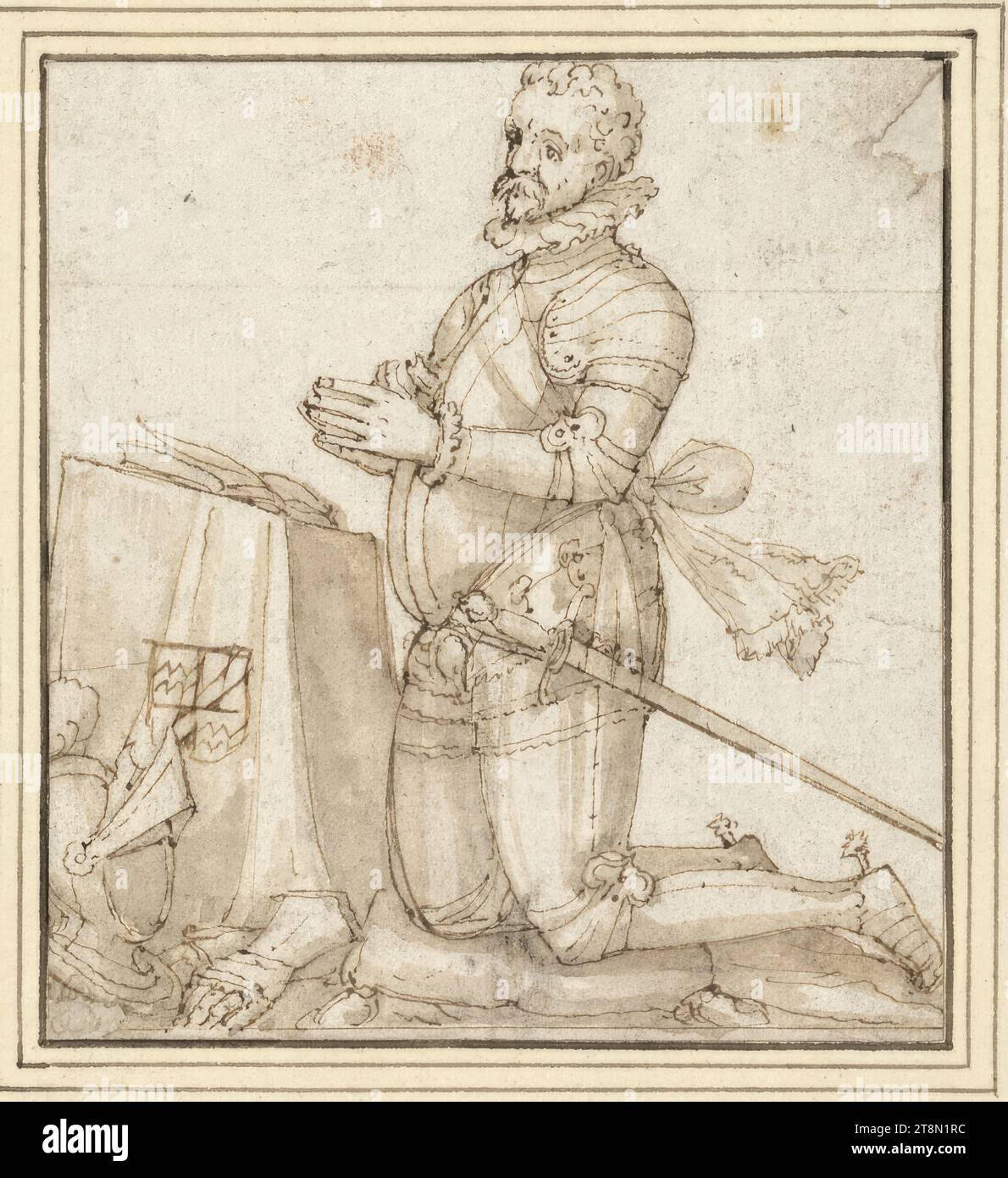 Chevalier priant (d'après une tombe ou une peinture sur verre?), maître hollandais (vers 1600), vers 1600, dessin, stylo brun, lavé, 10,2 x 9,4 cm, l. l. Duc Albert de Saxe-Teschen Banque D'Images