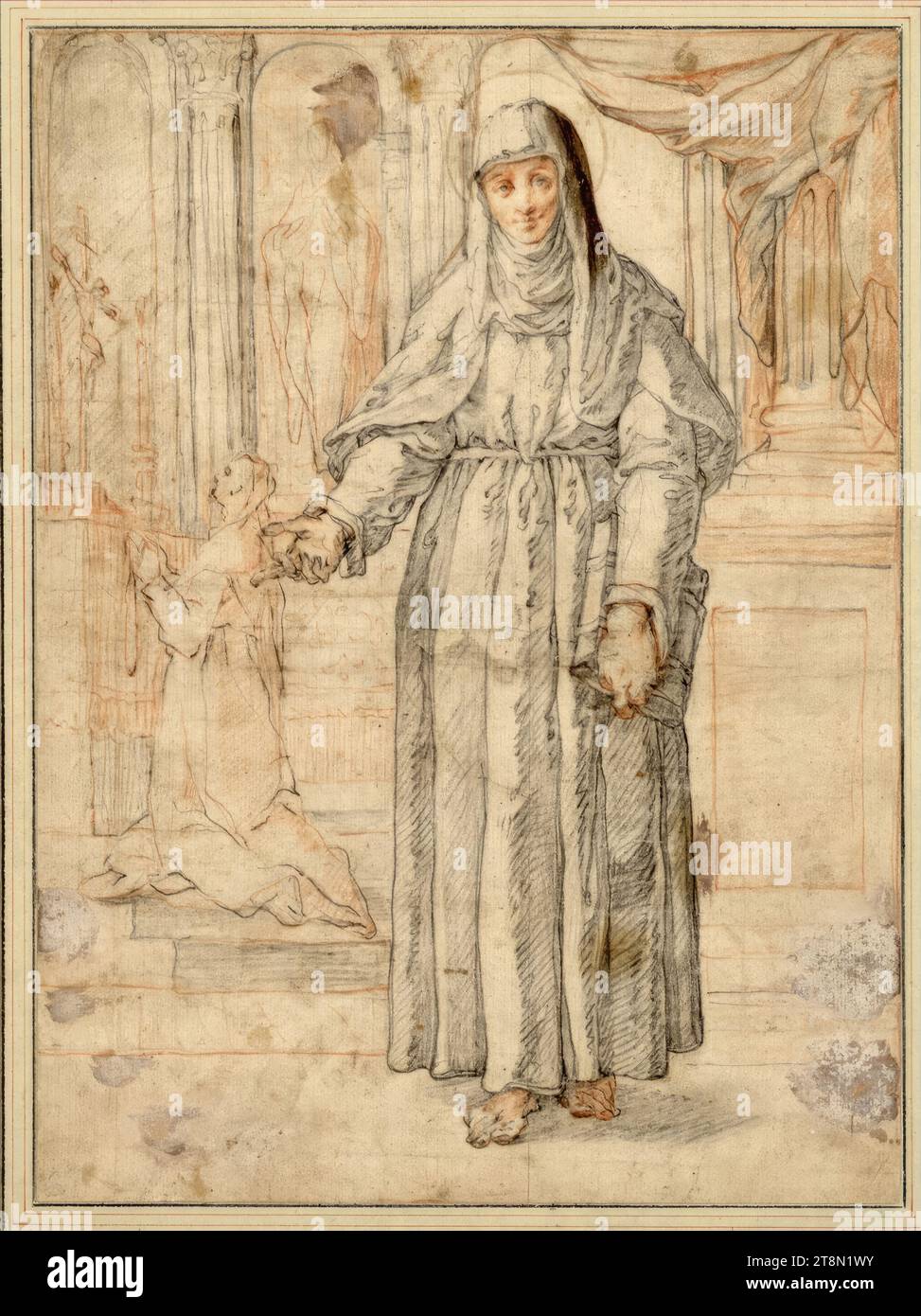 Sainte Catherine de Sienne, avançant en avant, un livre dans sa main gauche ; elle est dans une cuisine, en arrière-plan une religieuse s'agenouille en priant devant un autel, Francesco Vanni (Sienne 1563/65 - 1610 Sienne), dessin, craie ; rubéole; les taches violettes de blanc opaque probablement plus tard, 30,1 x 22,1 cm, l. l. Duc Albert de Saxe-Teschen Banque D'Images