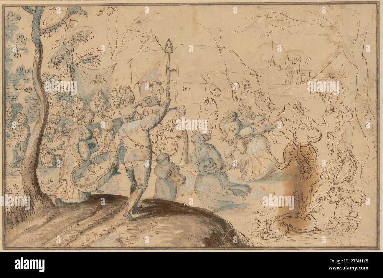 Mariage paysan, Marten van Cleve (l'ancien) (Anvers 1527 - 1581 Anvers), dessin, plume et encre en brun, brun et bleu lavis, rehaussé de blanc, 26,7 x 41,3 cm, l. et duc Albert de Saxe-Teschen Banque D'Images