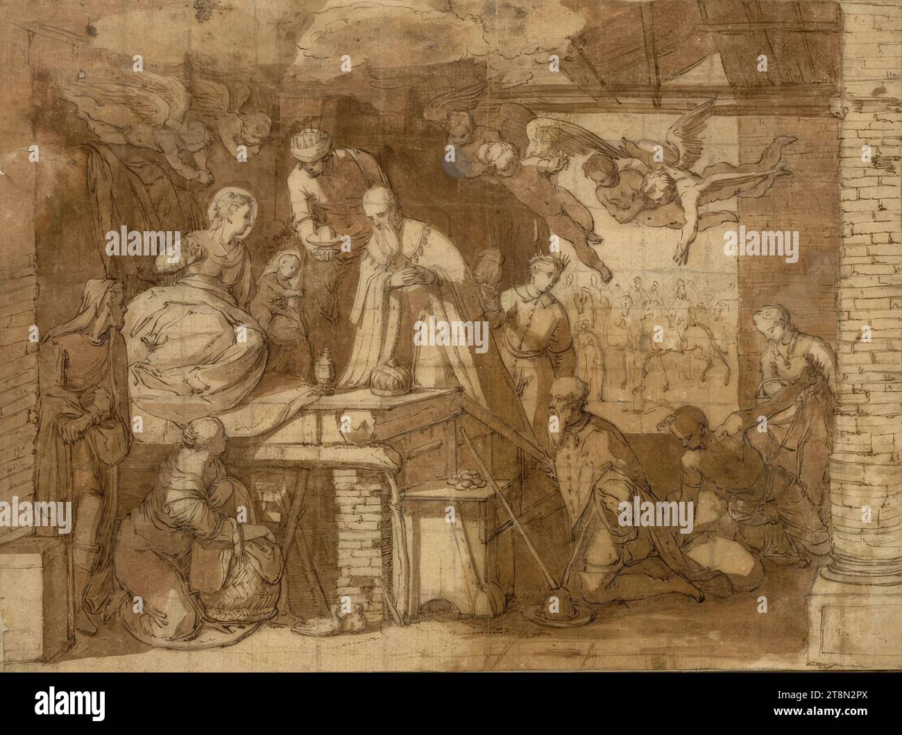 L'adoration des Mages, Anonyme, Néerlandais, vers 1600, dessin, stylo et lavage brun, lignes de grille, 22,1 x 29,4 cm Banque D'Images